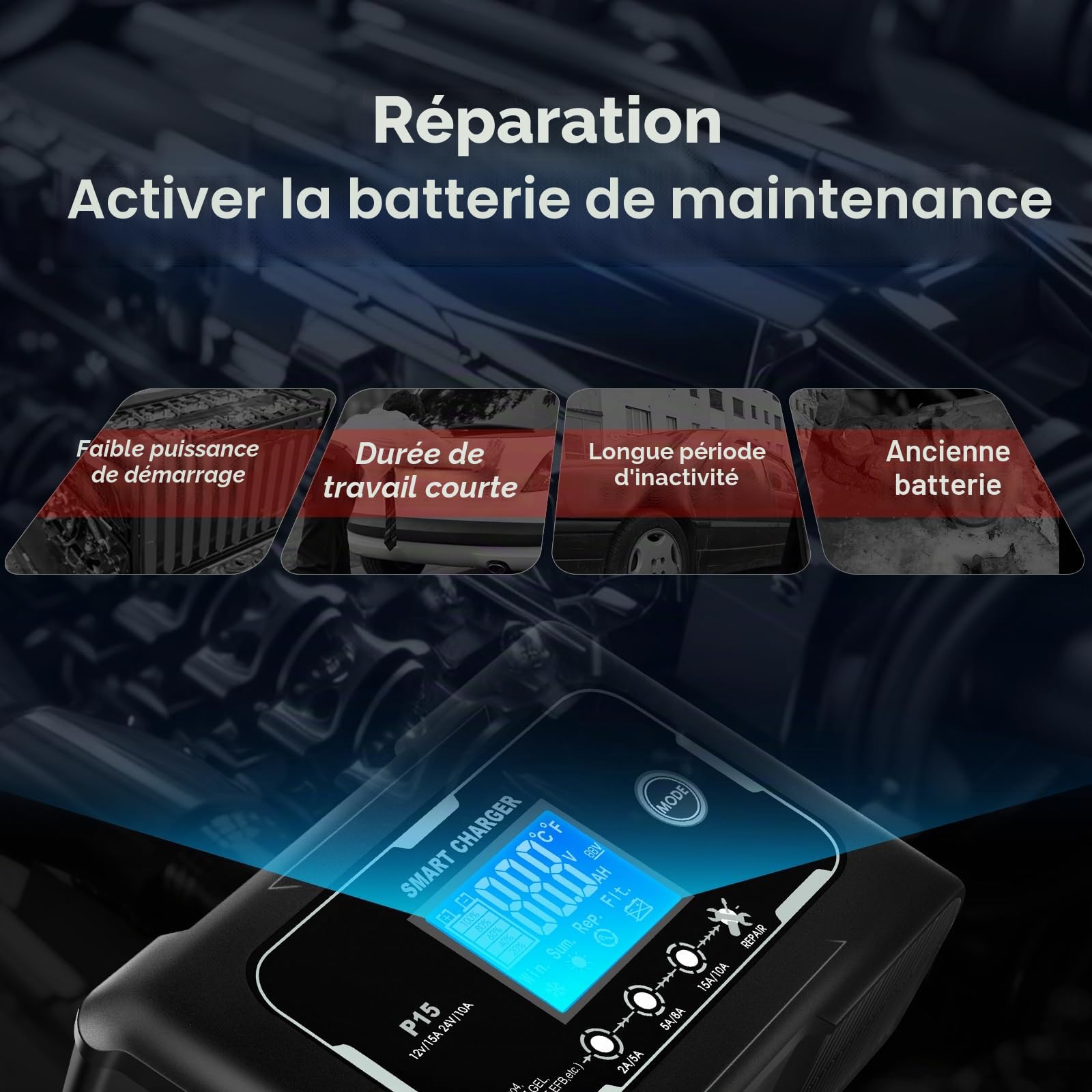 Chargeur de Batterie pour véhicule Automobile 15A, 12V/15A, 24V/10A, adapté aux Voitures, Motos, tondeuses à Gazon et Bateaux avec des Batteries au Lithium, Lifepo4, Plomb-Acide