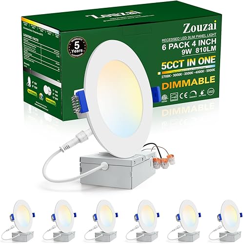 Paquete de 6 luces LED empotrables ultrafinas 5CCT de 4 pulgadas con caja de conexiones, 2700 K3000 K3500 K4000 K5000 K seleccionables, 9 W Eqv 80