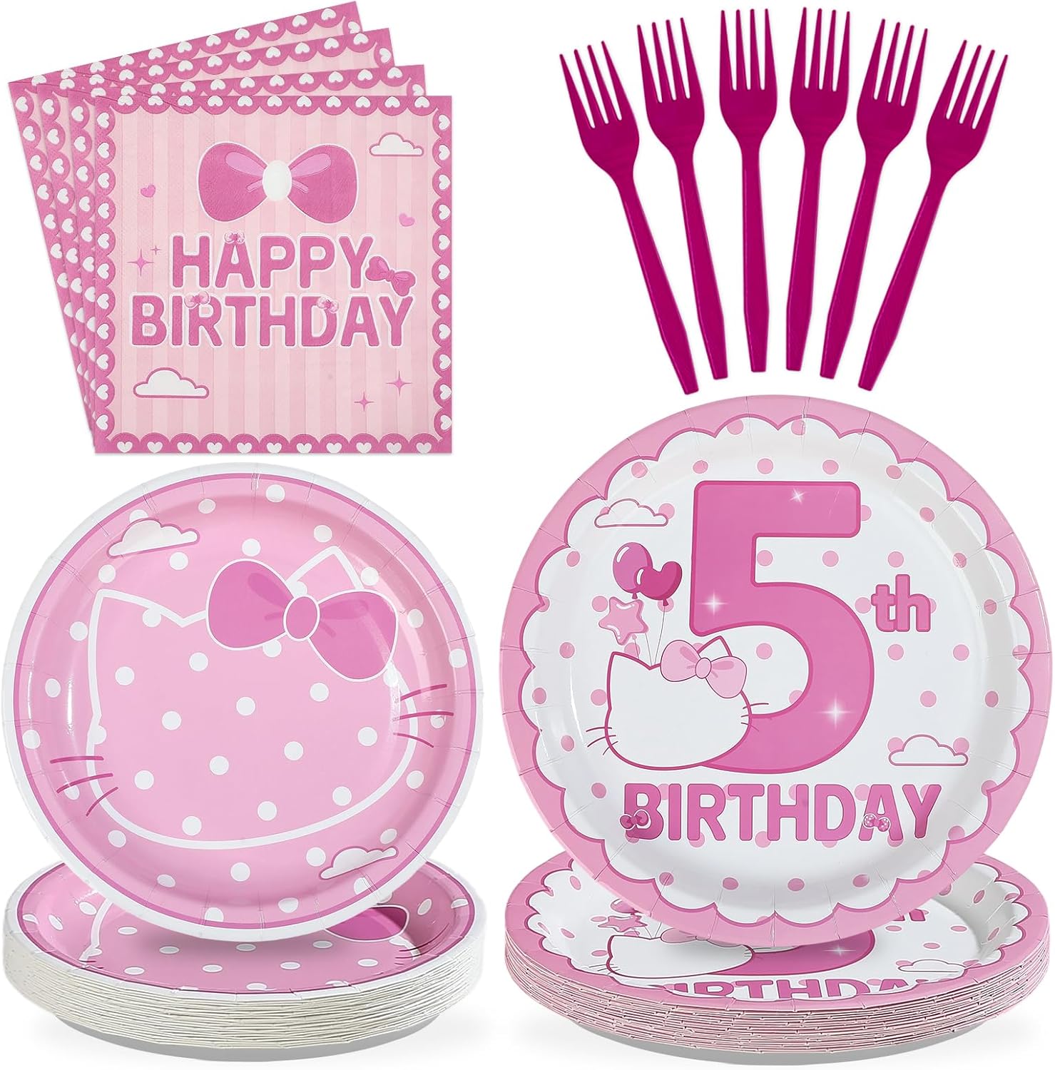 96 Pcs Pink Kitten 5th Birthday Decorations Pink Cat Plates and Napkins Disposable Tableware Set Cute Cartoon 5th Birthday Decoration for 5 Years Old Girls Cat Theme Birthdays Party Supplies Serves 24