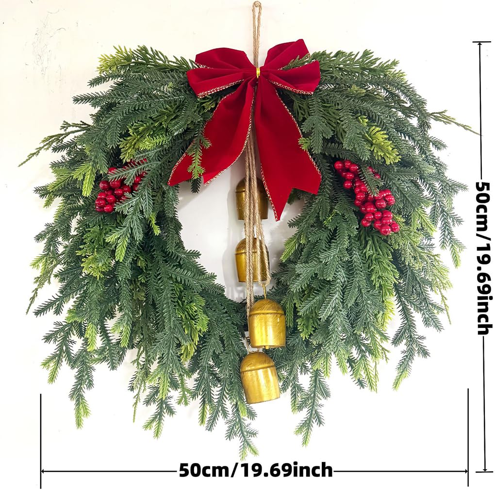 クリスマスリース 50cm 赤いリボン ベル付き Amazon.co.jp: IOIUSKKU リボンとベル付きの華やかなクリスマスリース