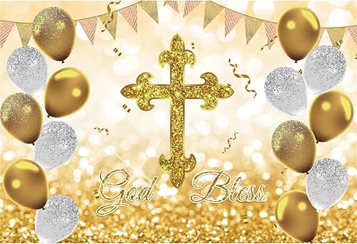 Miniatura 4 de OERJU Telón de fondo de 7 x 5 pies para fiesta de bautismo, primera comunión, fondo de bautizo, globos de cruz dorados con purpurina dorada, baby