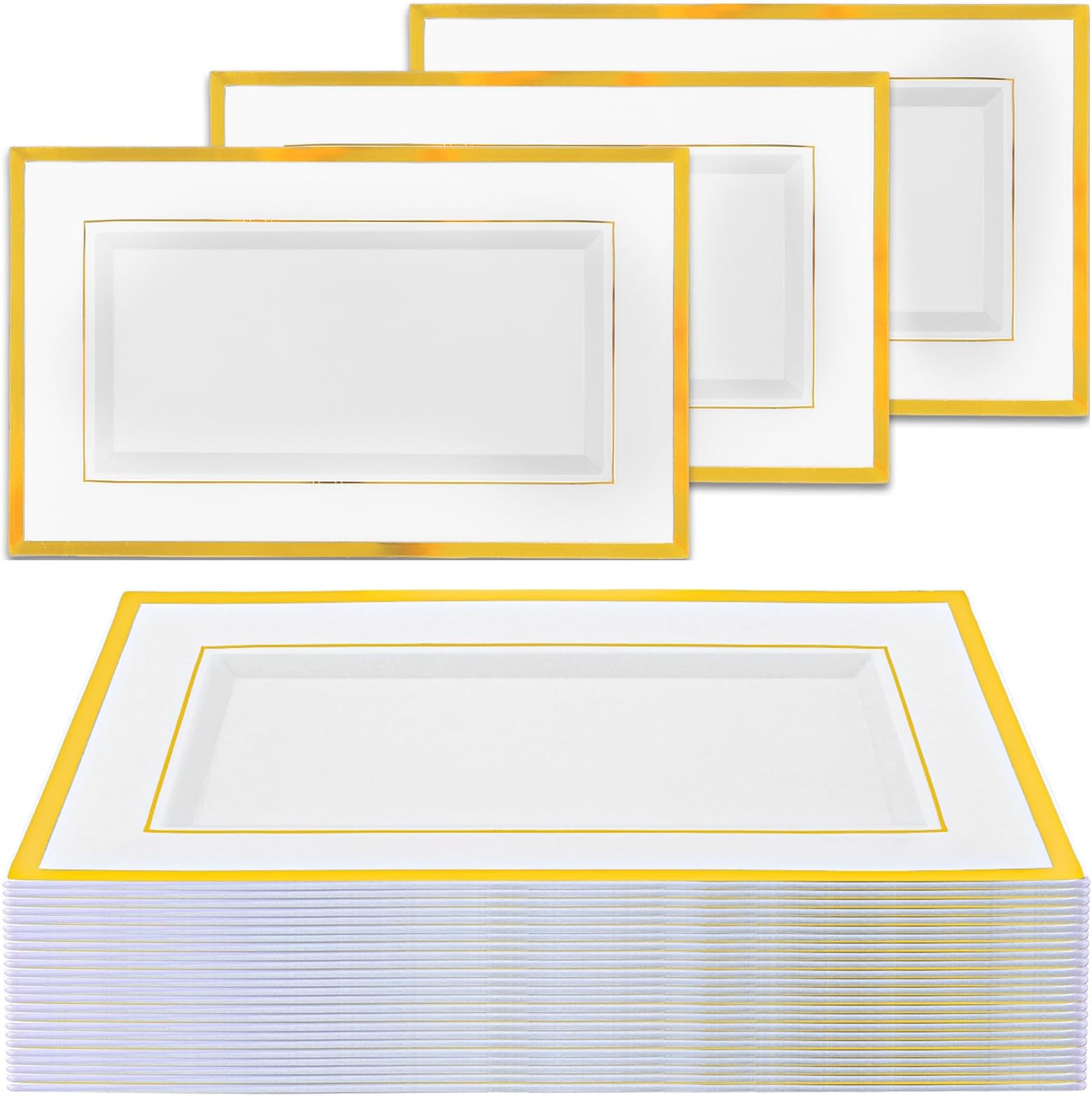 20 Pack Plastic Serving Platters, 33 x 20cm / 13 x 8 Inch Rectangle Plastic Trays Platters, White & Gold Rim Serving Trays for Weddings Birthdays Graduation Parties
