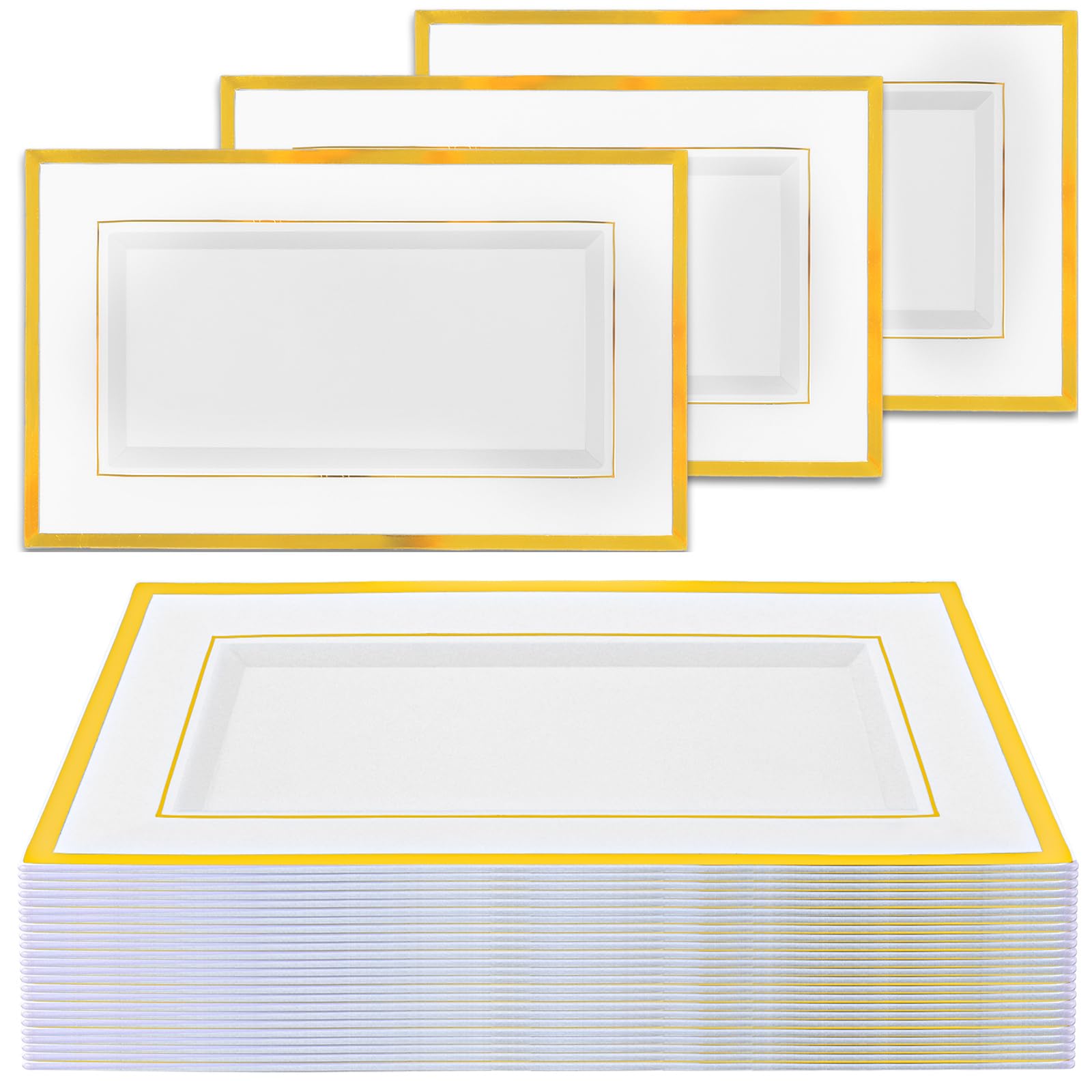 LDXDRU 20 Pack Plastic Serving Platters, 33 x 20cm / 13 x 8 Inch Rectangle Plastic Trays Platters, White & Gold Rim Serving Trays for Weddings Birthdays Graduation Parties