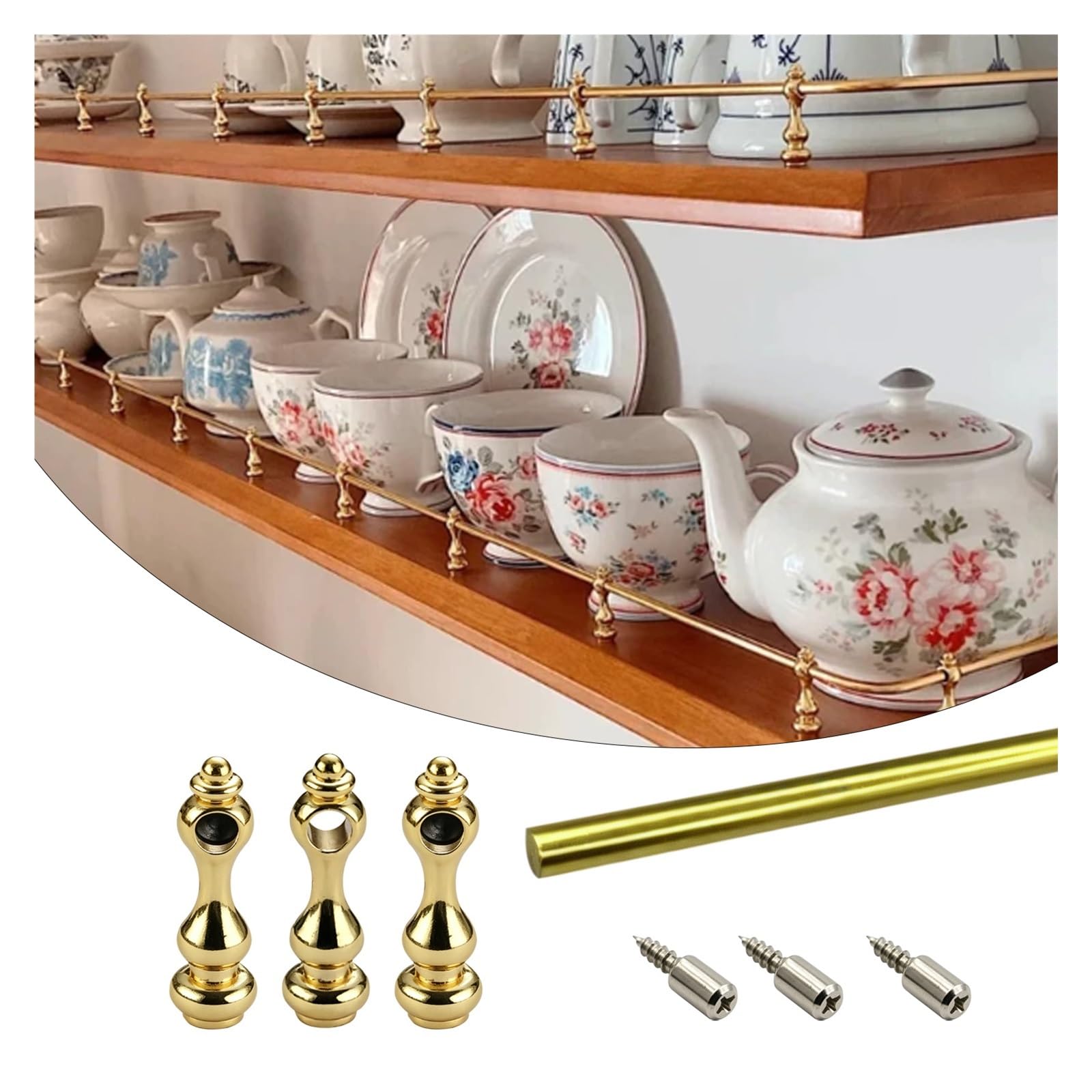 Custom Anti-Fall Cabinet Guardrail Bars 20-158 cm, Offices RV Shelf Guard Rails Decor for Glassware, Collectibles, Aluminum Flexible Tipping Rail Set with Mounting Screws(Gold,L 32"/81.3cm)