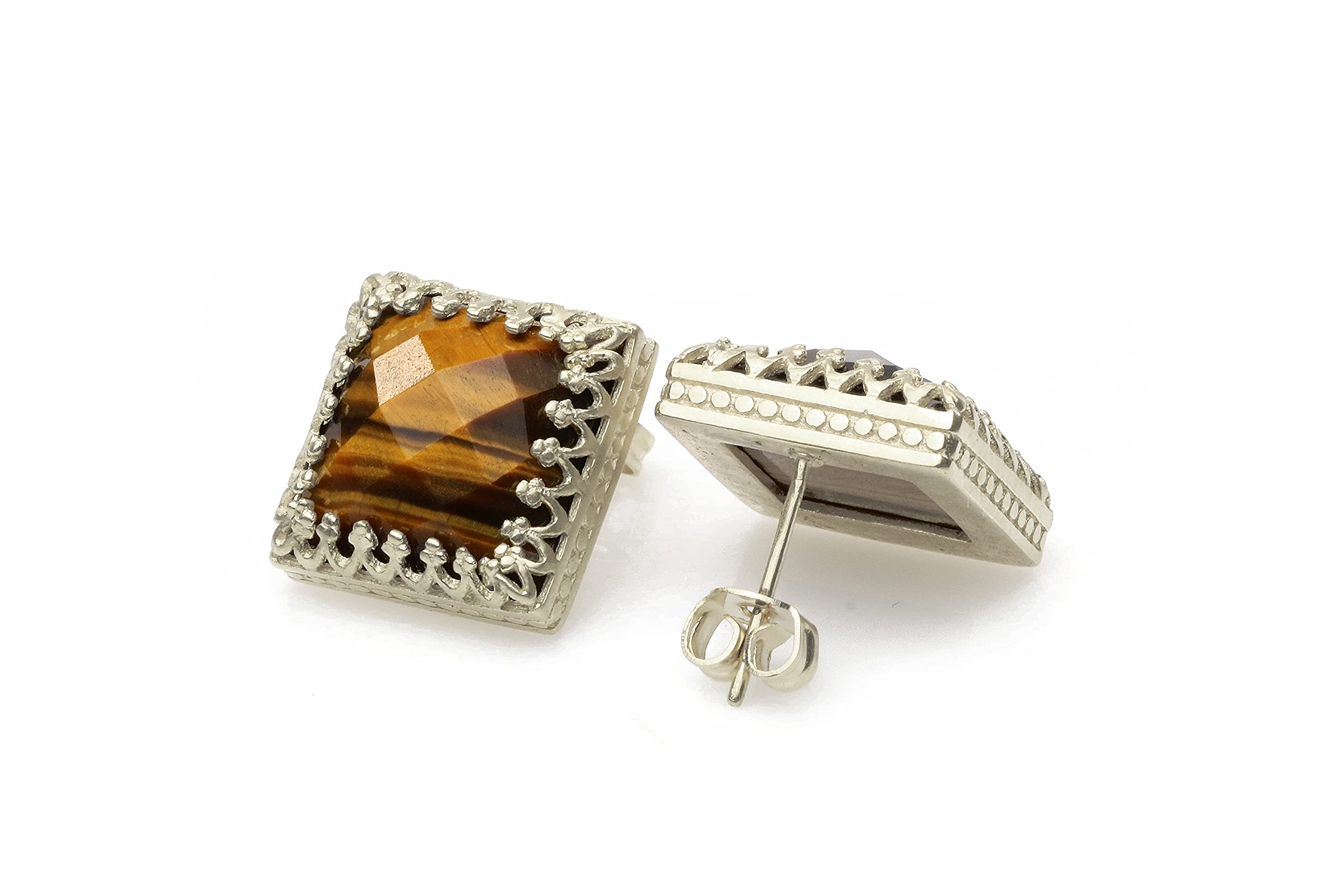 Ojo de Tigre - Pendientes Cuadrados de Piedra Preciosa para Mujer - Pendientes de Plata de Ley de Inspiración Vintage - Elegantes Joyas Hechas a Mano para Mujer - Elija su Material