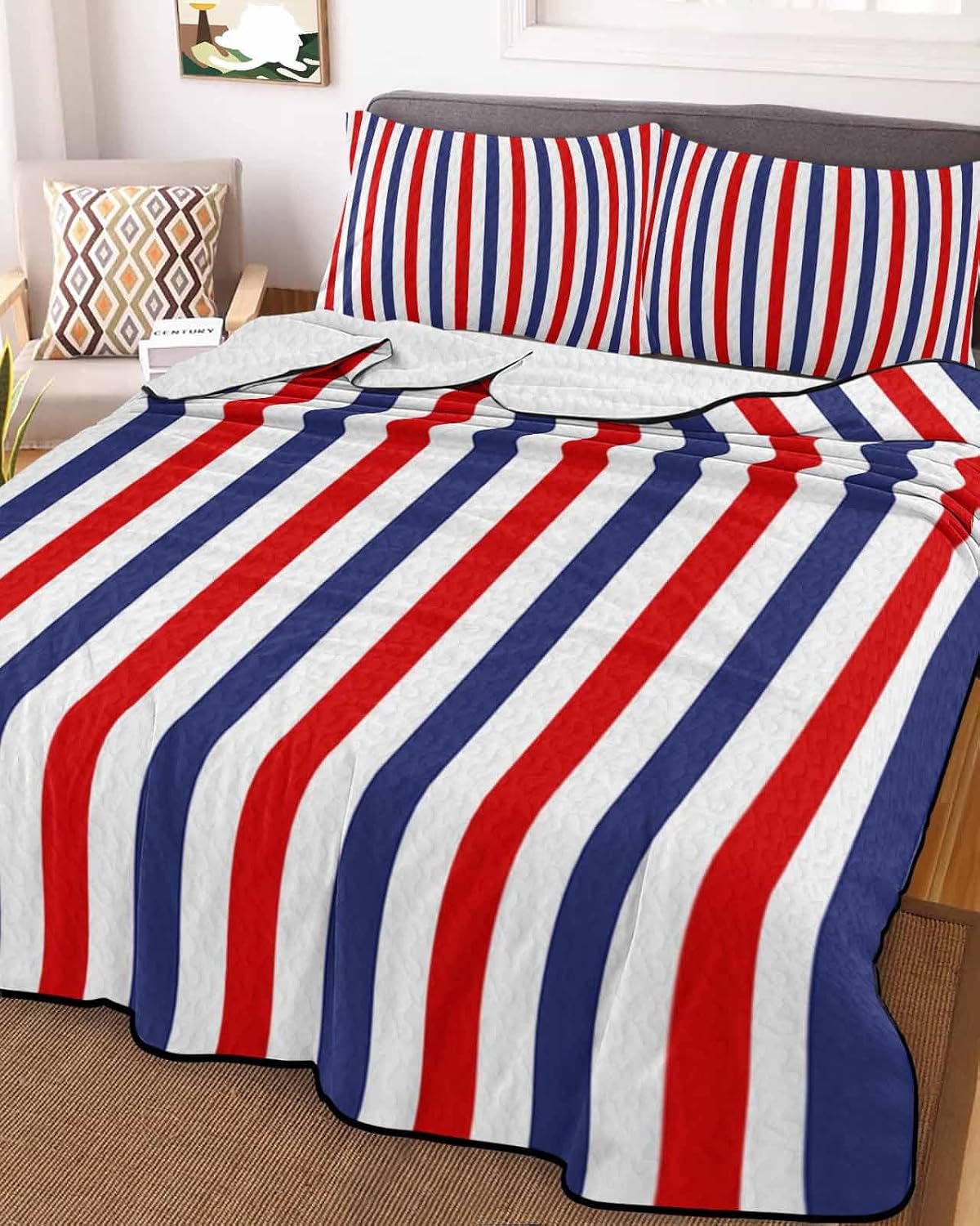 King Size Quilt Set, Red Navy Blue Striped Lightweight Bedspread Coverlet Set Soft Microfiber Summer Quilt with 2 Pillow Shams, Classic Lines 3 Piece Comforter Bedding Set