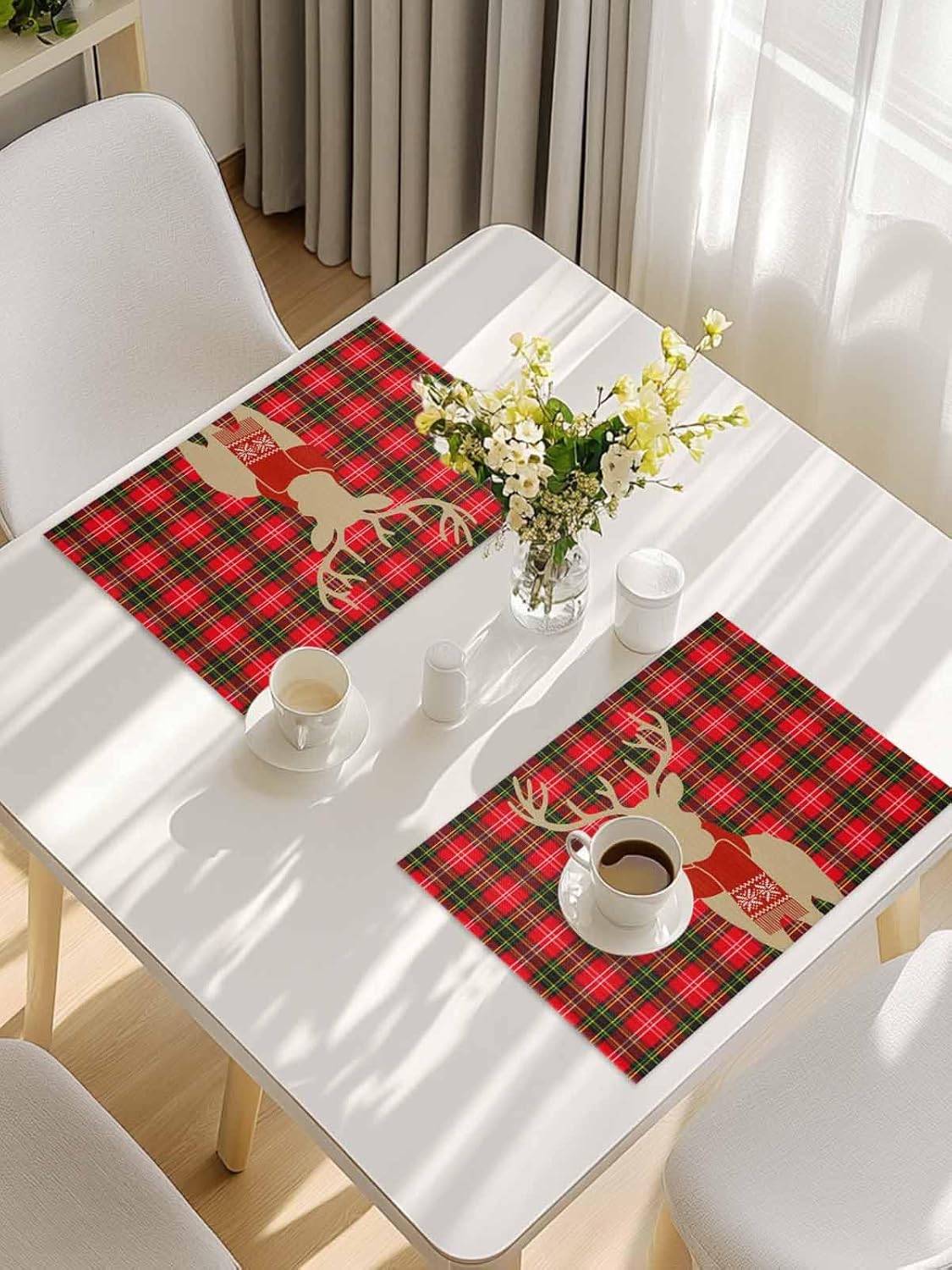 Daleng Christmas Reindeer Placemats Set of 6 for Dining Table, Elk with Scarf Red Green Buffalo Plaid Durable Washable Non-Slip Heat Insulation Place Mats Parties BBQ Winter Holidays 6PCS