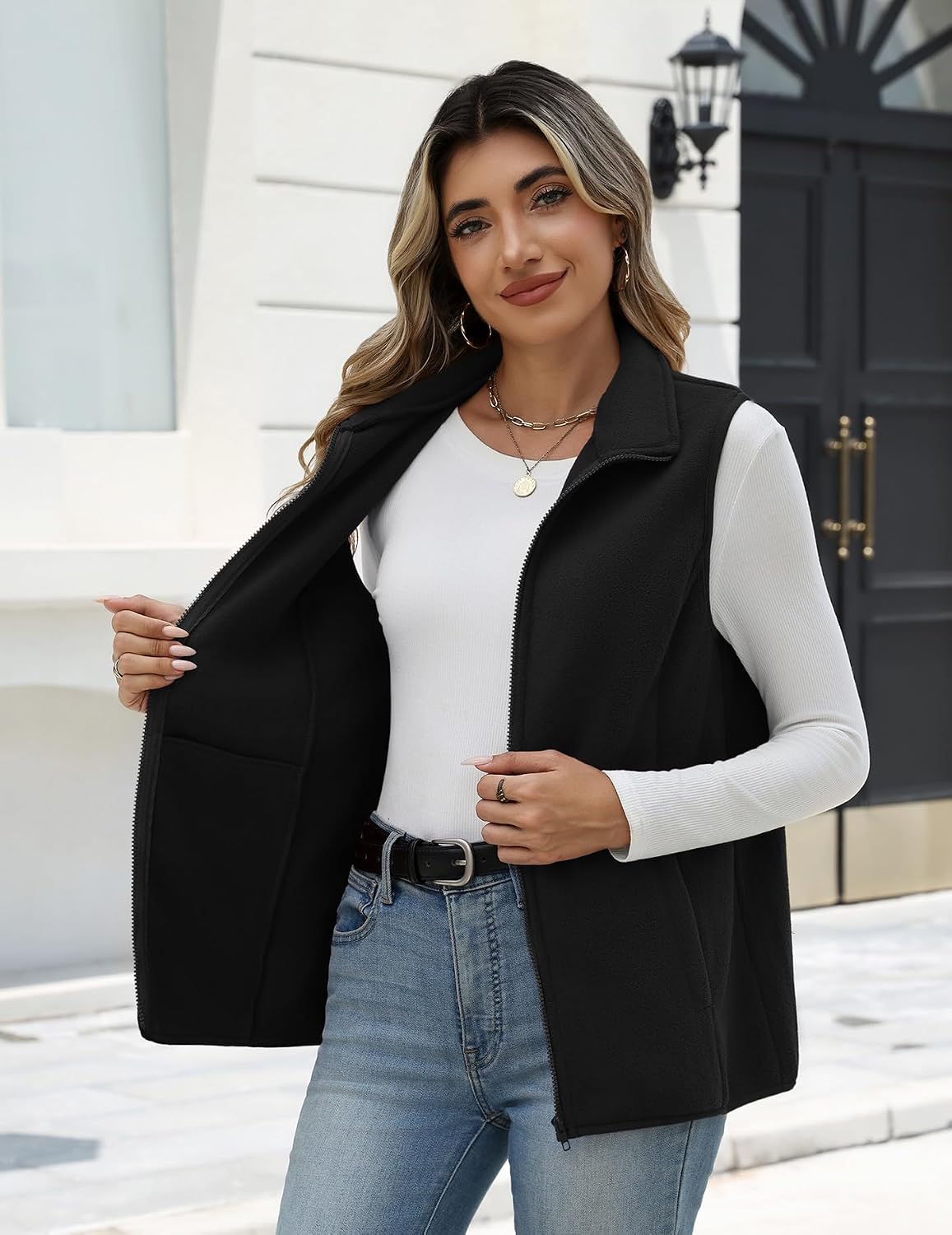 Zeagoo Womens Outerwear Vests With Pockets Zipper Sleeveless Fleece Jackets | Stand-up Collar,Zippper Up，Outside Inside Pocket,Lightweight Fleece Vest，Warm Inner Layer,Hiking Travel Golf Running Vest