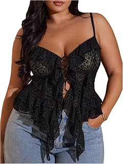 SHENHE Women's Plus Size Sexy Open Front Lace Up Sheer Mesh Ruffle Trim Y2k Top Camisole Tank