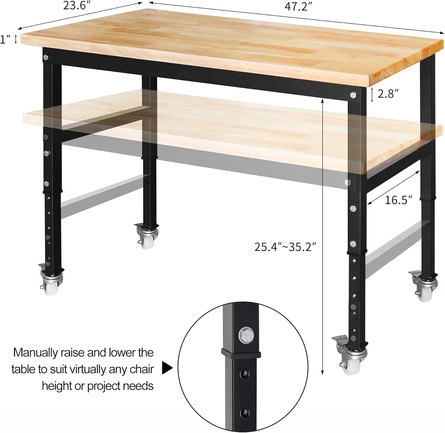 47.2"x 23.6" Bamboo Wood Garage Workbench w/Adjustable Height 25.4"-35.2" Multifunctional Workstation on Wheels 1500 Lbs Commercial Steel Work Tool Table Computer Desk Work Bench for Home Office : Tools & Home Improvement