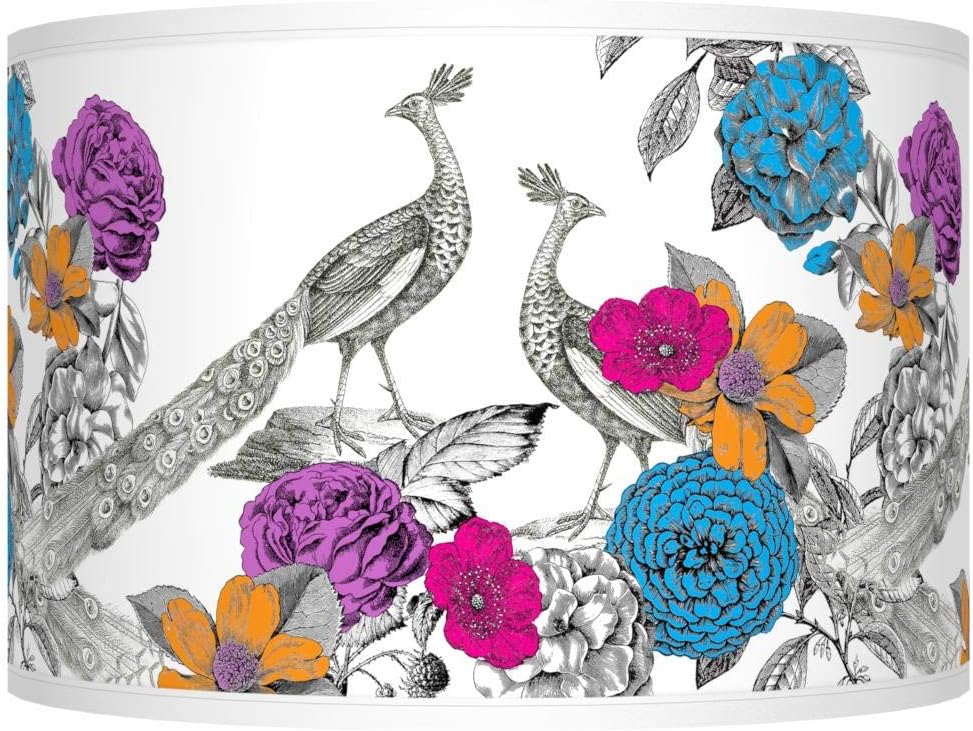 Drum Print Lamp Shade (Pre-Assembled) Peacocks in the Garden White Gray Medium 12" Top x 12" Bottom x 8.5" High Spider with Replacement Harp and Finial Fitting - Giclee Glow