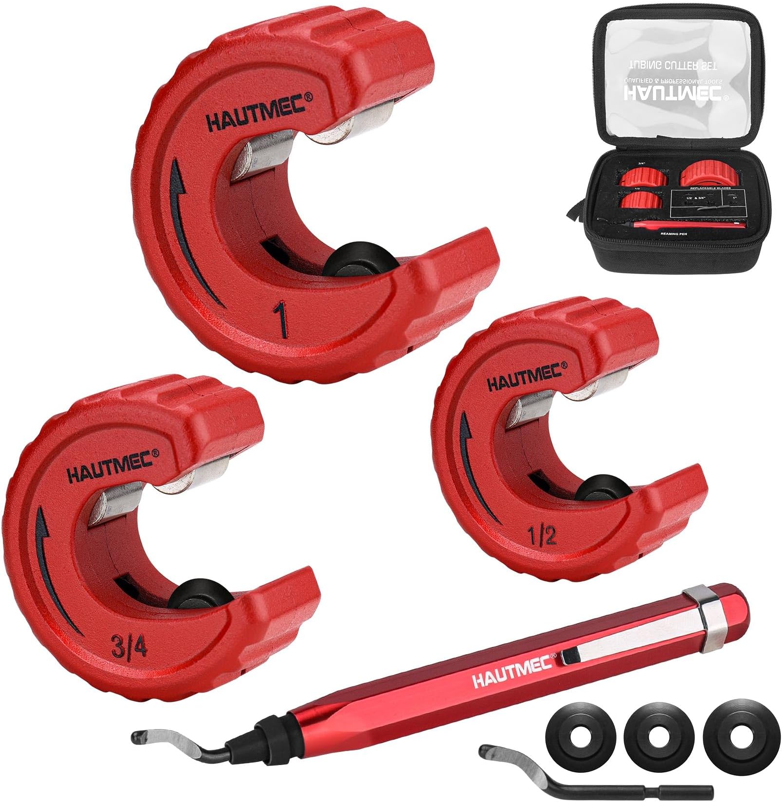 Copper Tubing Cutter Set 3 PCS Copper Pipe Cutter Tool, In Portable Storage Case, Includes 1/2 in., 3/4 in., and 1 in. Cutters, Reaming Pen, 3 Spare Cutting Wheels, 1 Spare Deburring Blade