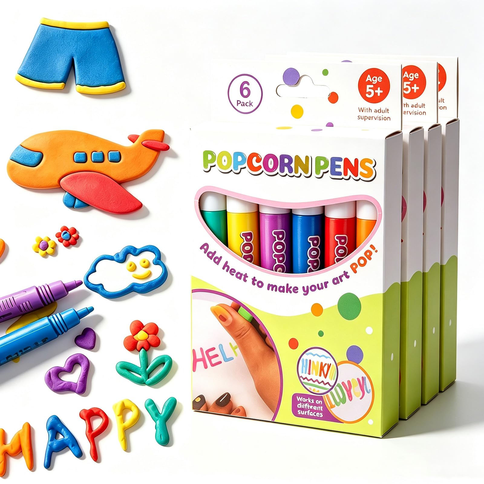 DIY Bubble Popcorn Drawing Pens, Magic Puffy Pens with Puffy Paint，4Sets