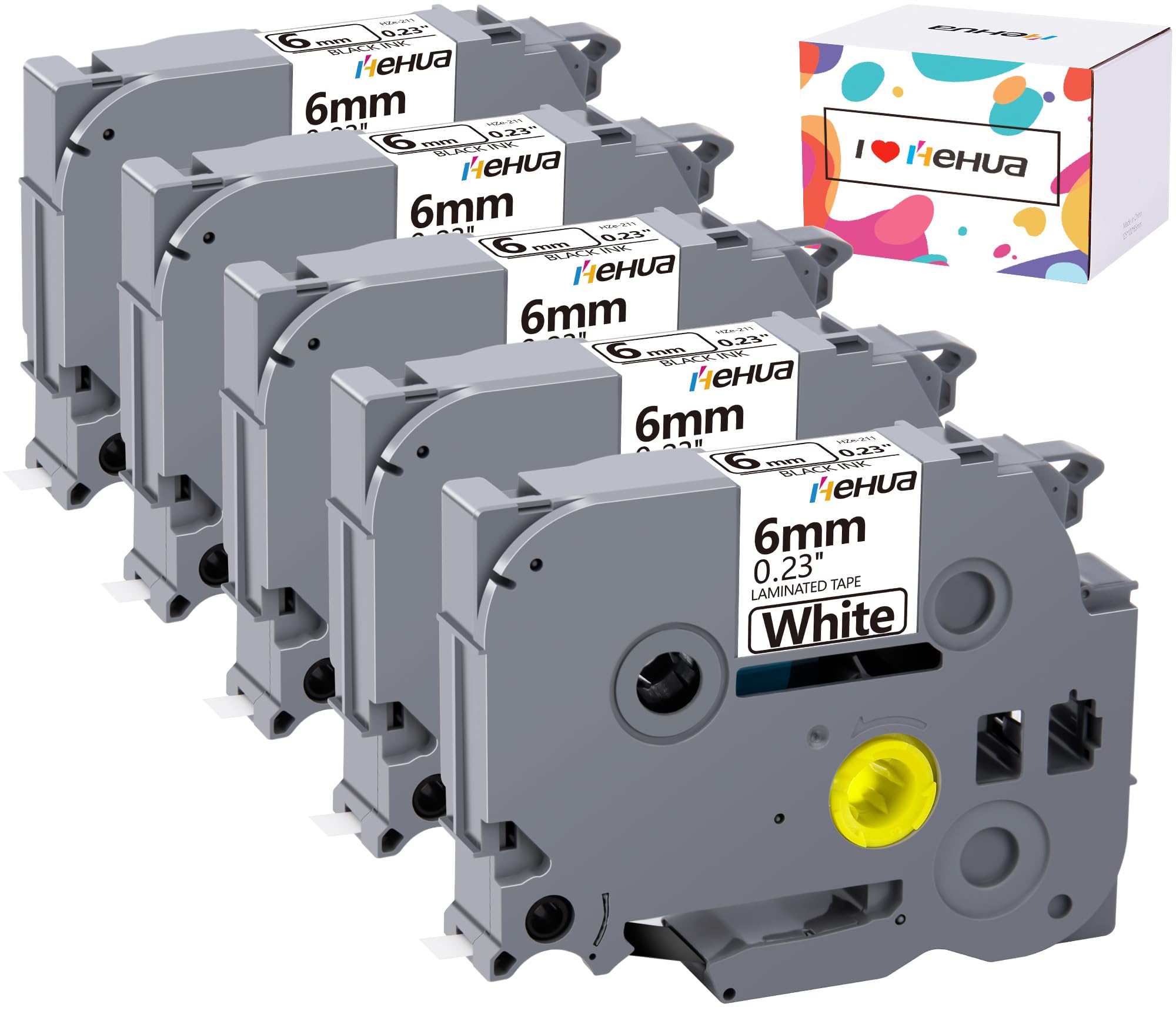 Hehua 1/4" (0.23") Laminated White Tape Tze 211 Compatible for Brother Label Maker Tape 6mm 0.23 TZe211 TZ-211, Tze 6mm Black on White, tz211, 26.2ft,