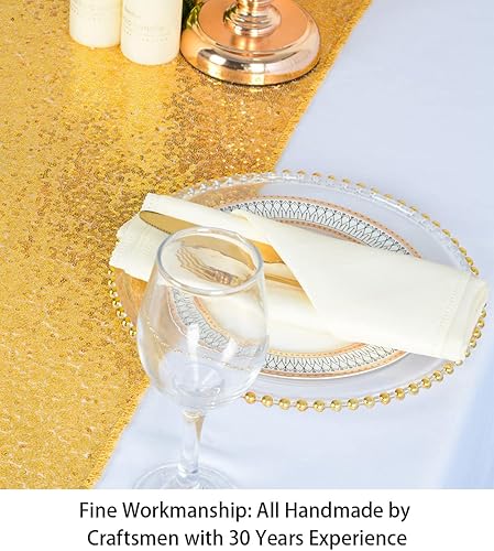 Vista 7 de Camino de mesa de lentejuelas doradas, 12 x 72 pulgadas, paquete de 15 caminos de mesa de boda con purpurina, camino de mesa dorado brillante