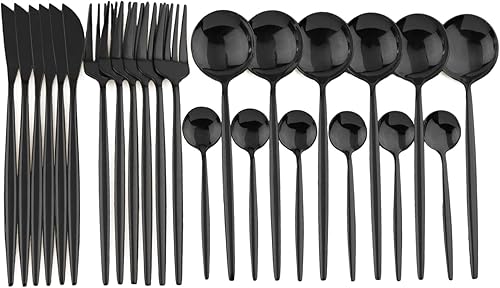 Miniatura 12 de Juego de cubiertos de acero inoxidable 304 de 24 piezas con caja dorada que incluye cuchillo, tenedor/cuchara, servicio para 6, pulido espejo, apto