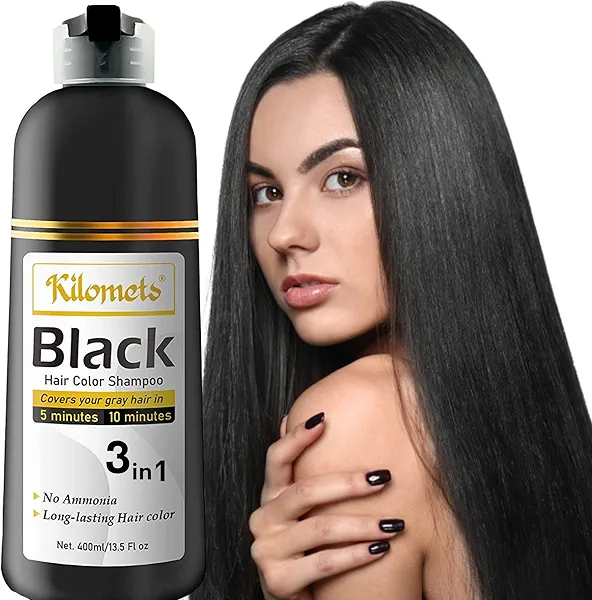 Kilomets BLACK Hair Dye Shampoo 400ml- 100% Grey Coverage in Minutes- Ammonia Free Hair Color Shampoo Cover Gray Silver Hair- Instant Darkening Coloring At Home- Gift for Mom Dad