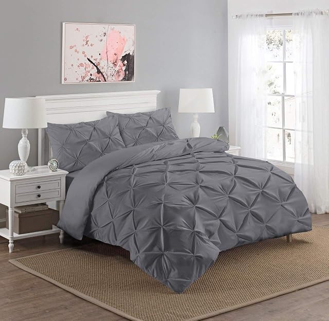 Luxury Diamond Pinch Pleated Pintuck Duvet Cover Set With Pillow Cases 100% Percale Egyptian Cotton Bedding Quilt Sets Single Double King Super King Sizes (Charcoal Grey, Single)