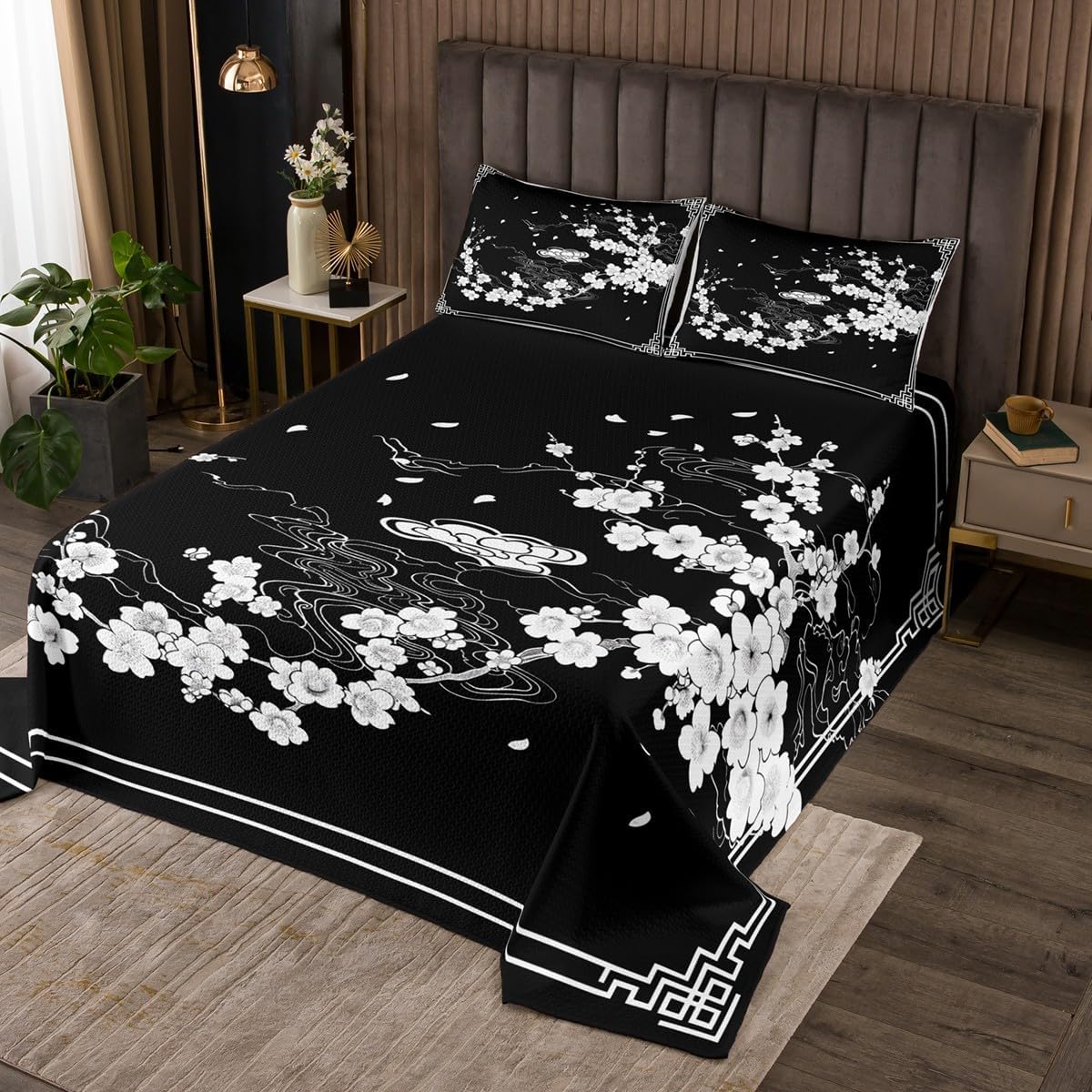 Erosebridal Cherry Blossom Quilt Set King Size for Kids Teens Adults,Japanese Style Coverlet Set,Watercolor White Floral Bedspread Set,Elegant Flower Bed Cover Bedroom Decor