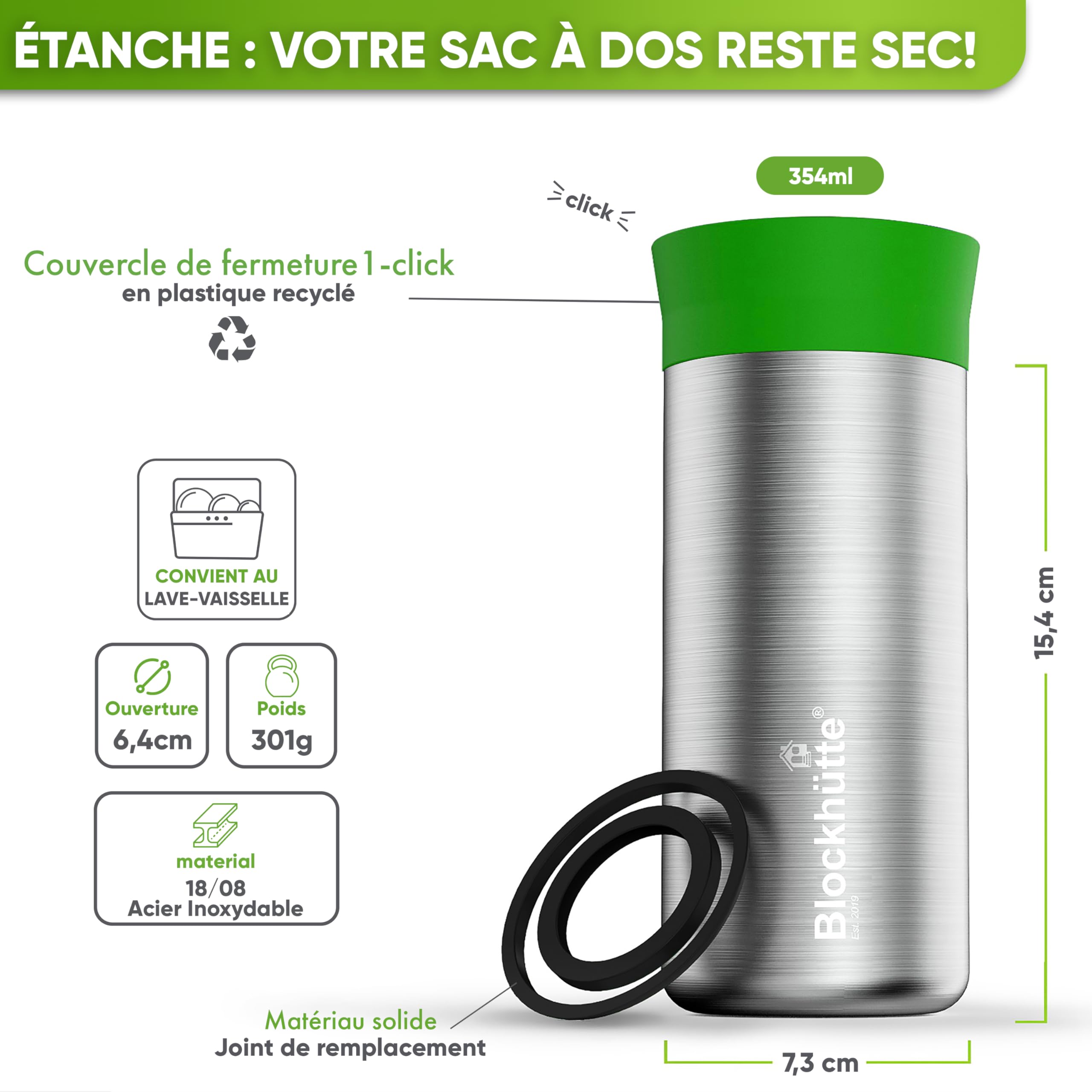 Blockhütte Travel Mug Isotherme Cafe en Acier Inoxydable – 354ml Tasse Isotherme, Mug Thermos gardant la chaleur jusqu'à 8 h - Gobelet Thermique Anti-Fuite, Tasse à Café à Emporter – Vert Clair
