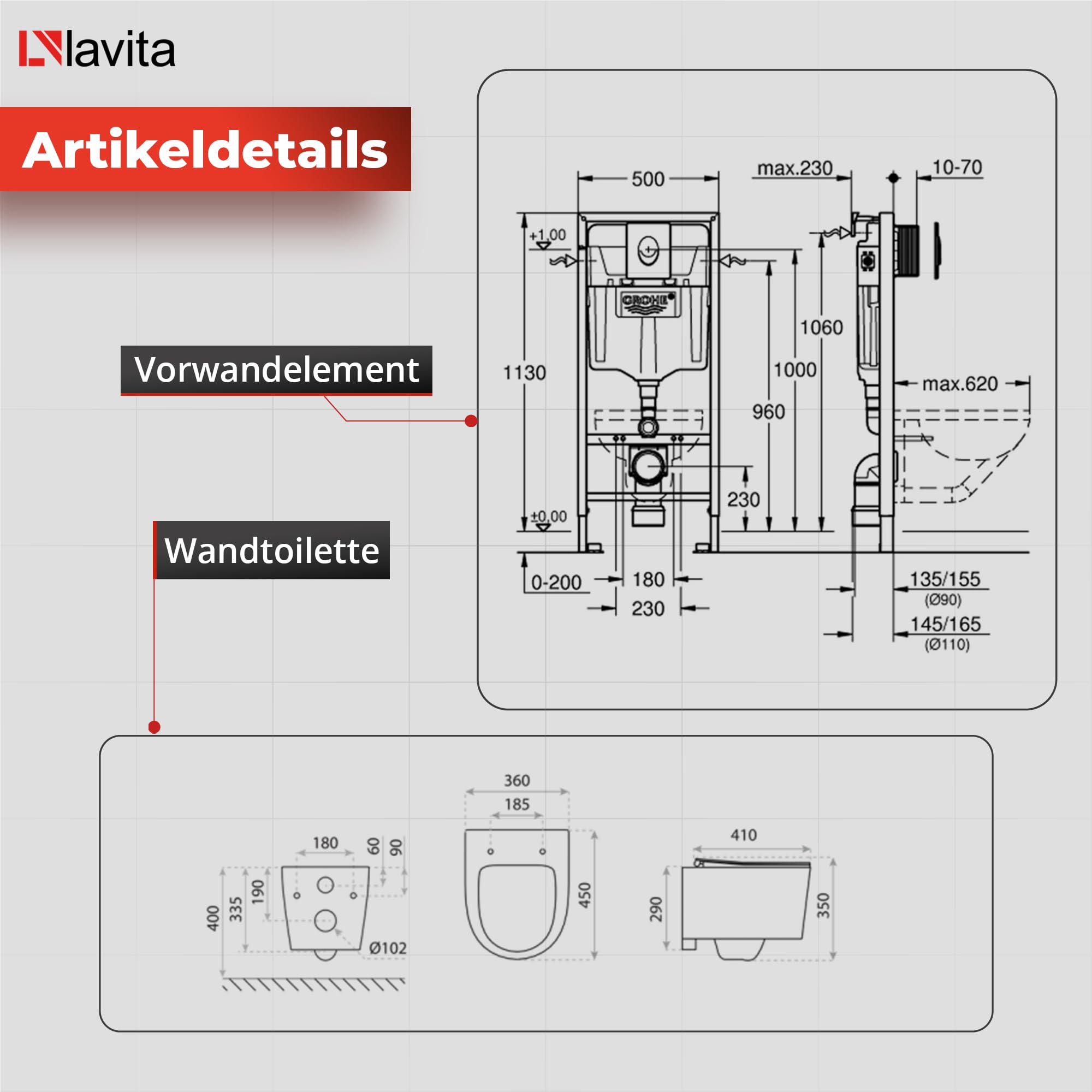 LAVITA Vorwandelement Solido Start + Wand Hänge WC Loso Weiß Spülrandlos + WC Sitz mit Absenkautomatik Verchromter Knopf Komplettset Unterputz Spülkasten Toilette Komplett Sett WC