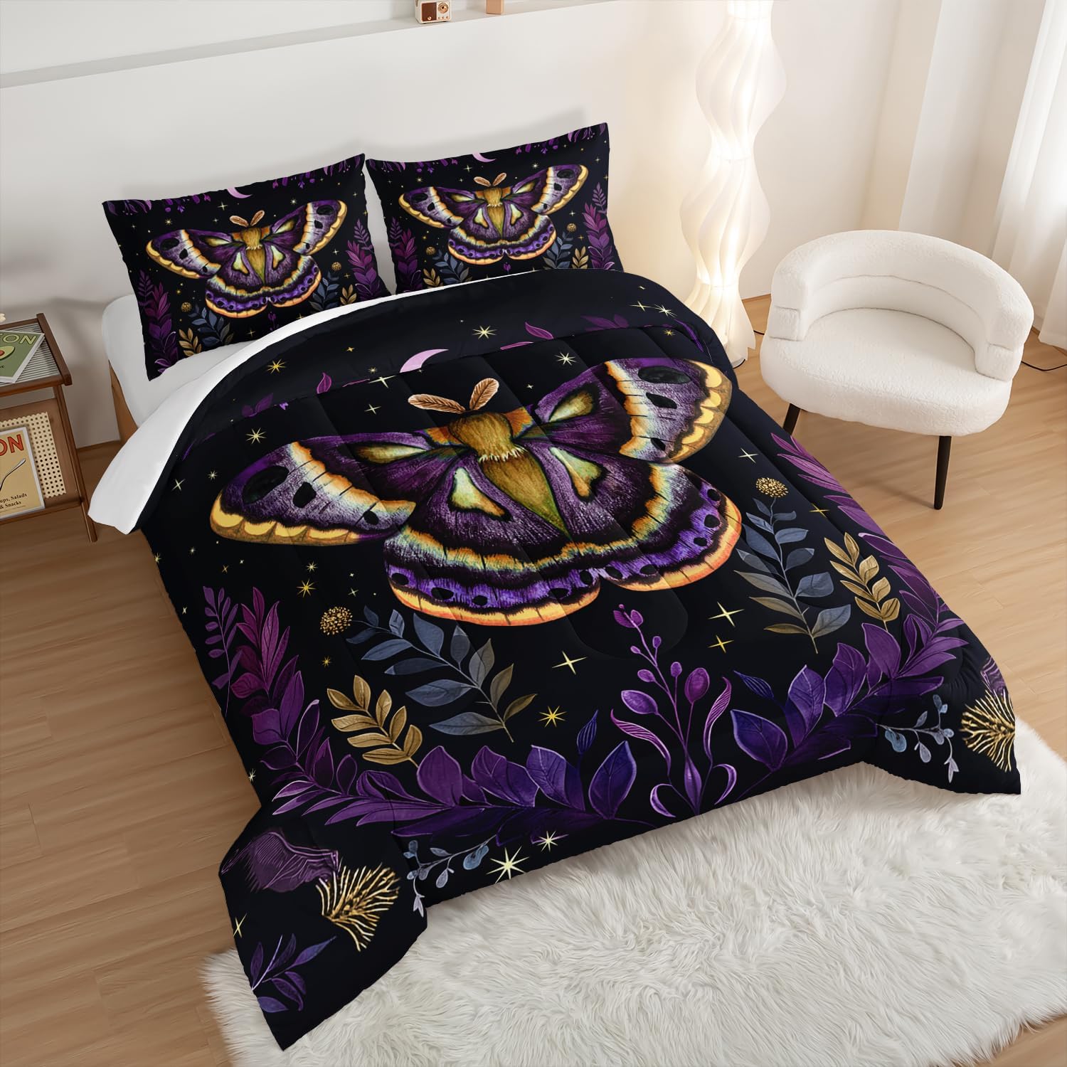 Gothic Bedding Moth Comforter Sets Queen Size,Bohemian Vegetation Leaf Flash Bedding for Kids Room Decor with 2 Pillowcases.
