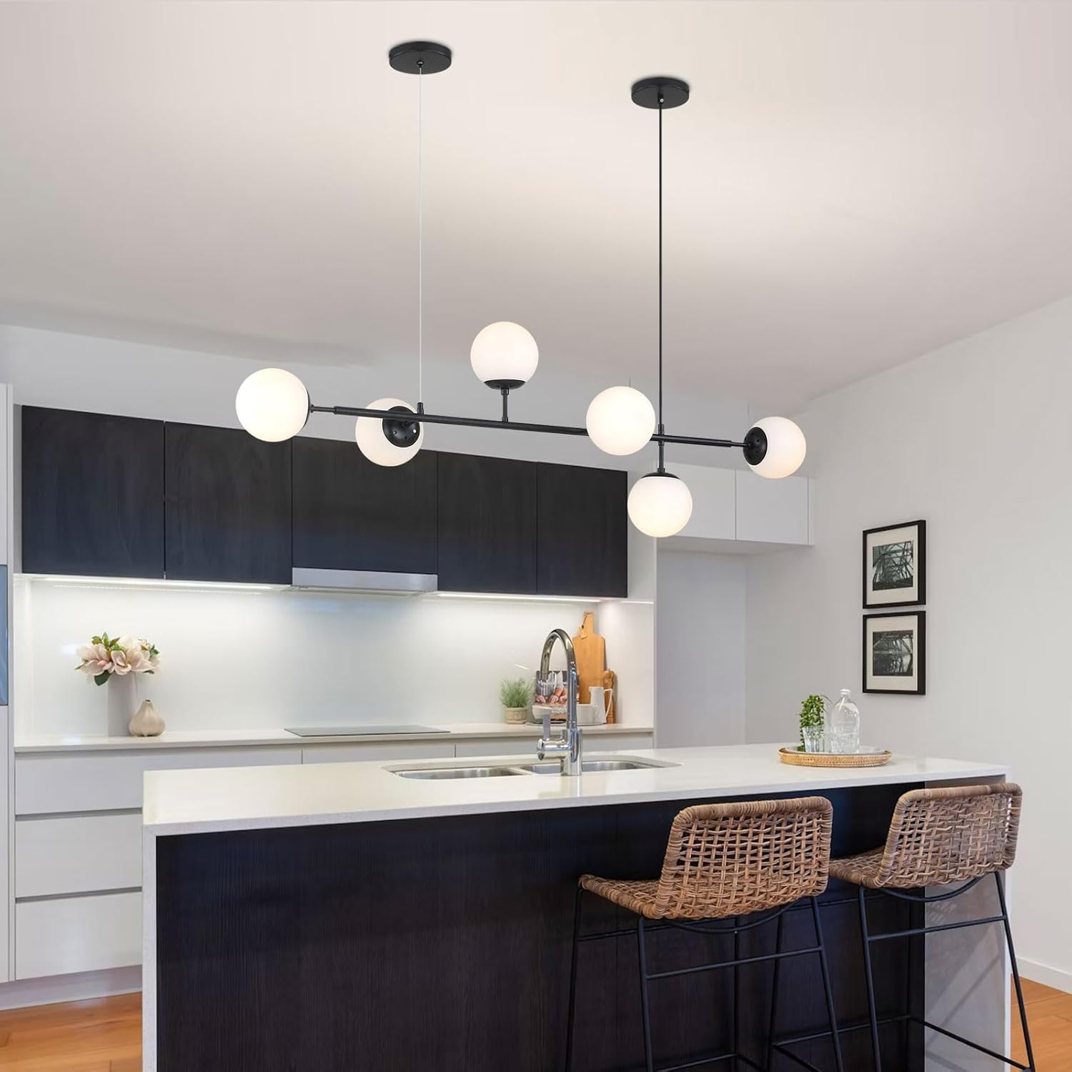 Mid-Century Modern Chandelier 6-Light Black Linear Pendant Light with Globe Glass Shades, Adjustable Height for Dining Room, Kitchen Island, Living Room