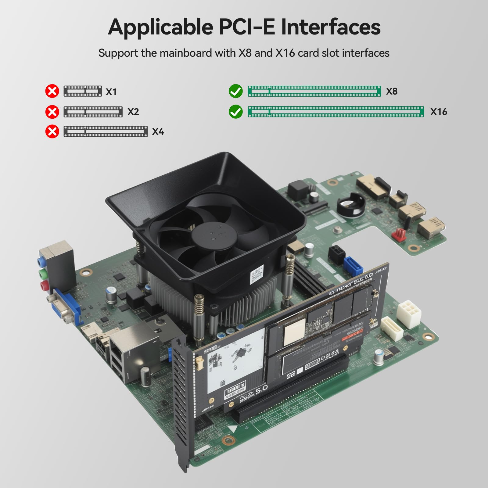ELUTENG Dualny adapter M.2 NVMe na PCIe 5.0, karta rozszerzająca 2 x 128 Gbit/s NVMe PCI-Express SSD, obsługująca gniazda PCIE X8 X16 dla kluczy M/B&M 2230 2242 2260 2280 SSD