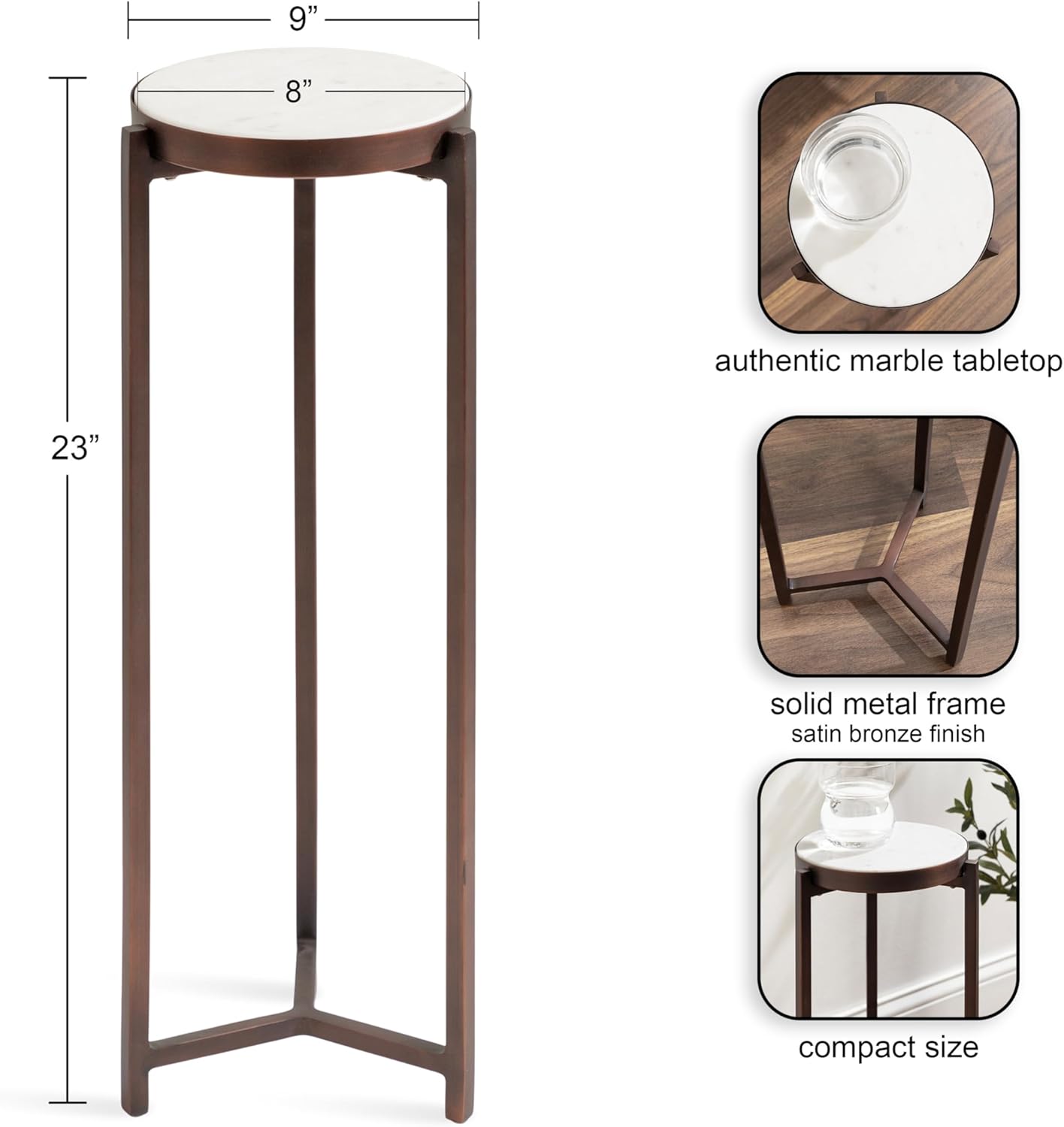 Kate and Laurel Aguilar Modern Round Drink Table, 9 x 9 x 23, White and Bronze, Genuine Marble Accent Table for Small Spaces and for Use as Small Plant Stand