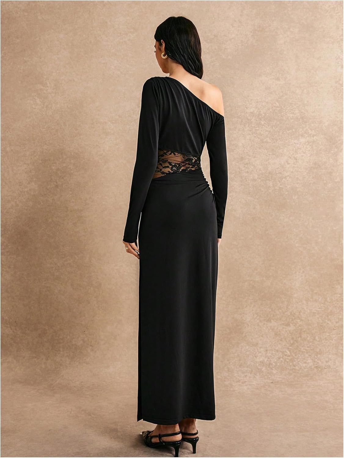 GORGLITTER Women's Lace Asymmetrical Neck Patchwork Maxi Dresses Fall One Shoulder Long Sleeve Vegas Dinner Club Dress - Image 2