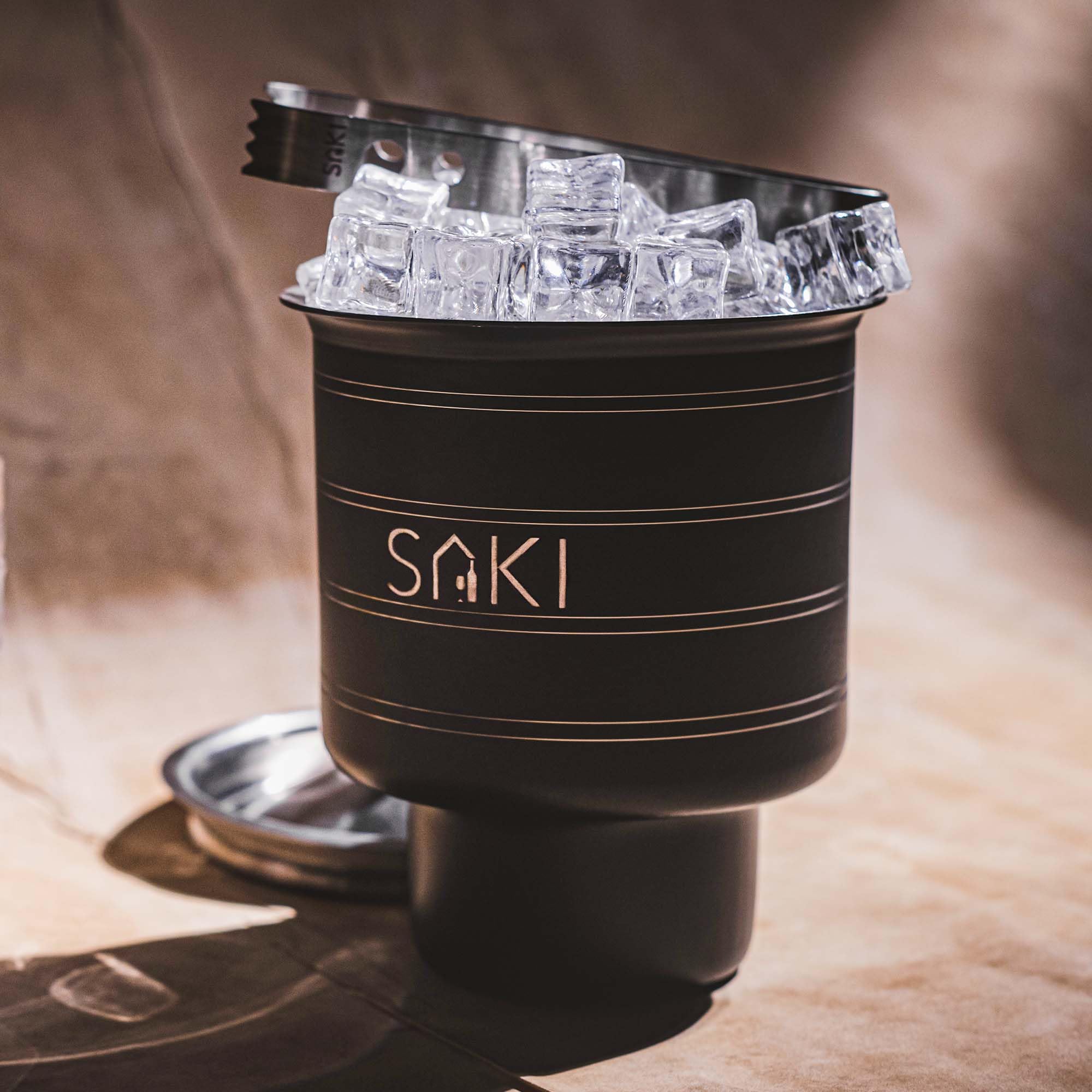 SAKI |Stainless Steel Double Ring Mini Ice Bucket with Tong | Gun Metal Ring Design | Upto 1000mL Storage Capacity