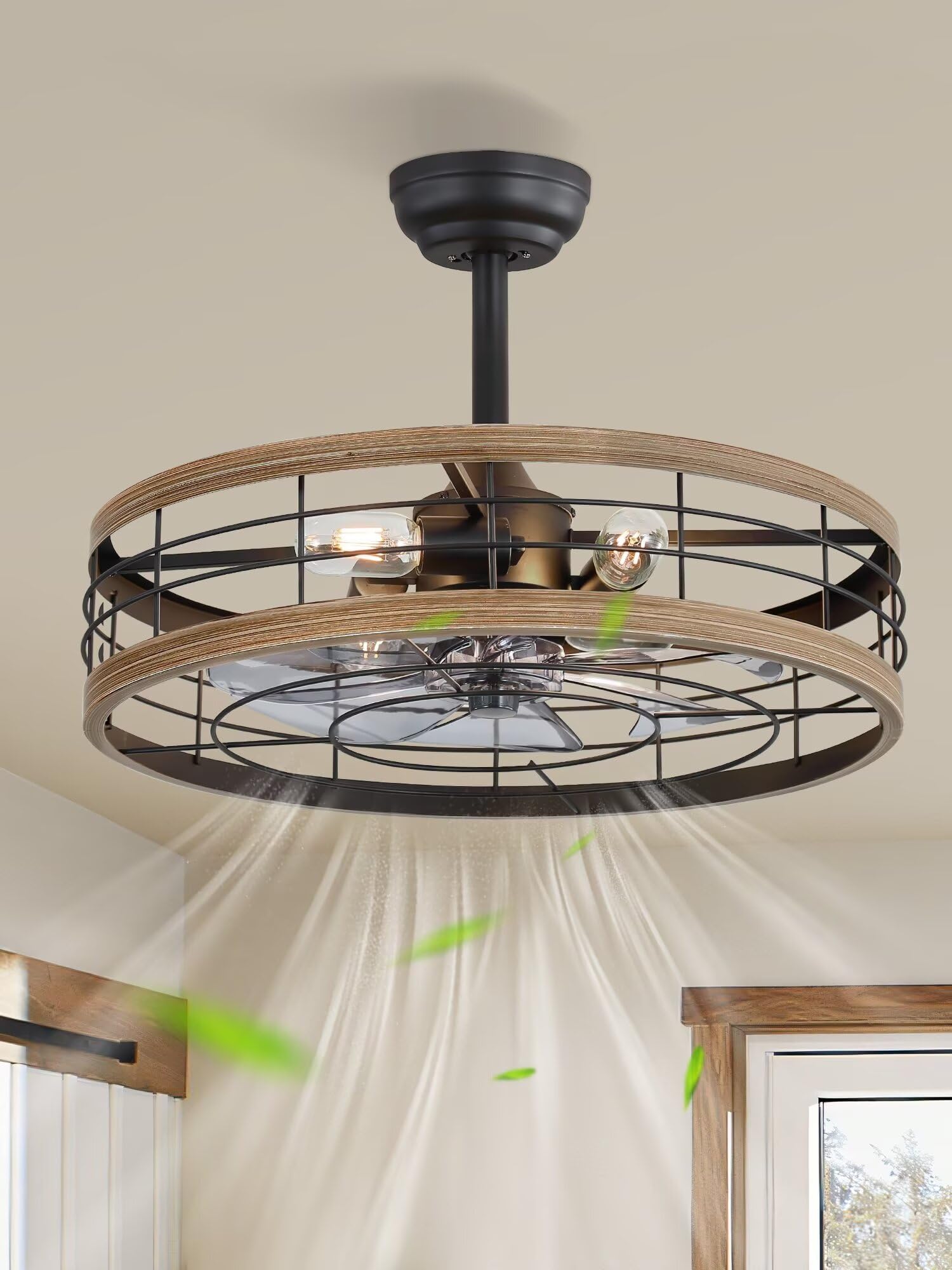 LEDIARY 22 inch Caged Ceiling Fan with Light, Fandelier Industrial Ceiling Fan with Remote, Farmhouse Fan Lights Ceiling Fixtures for Kitchen, Bedroom, Outdoor（6 Speed, Timing）-Brown