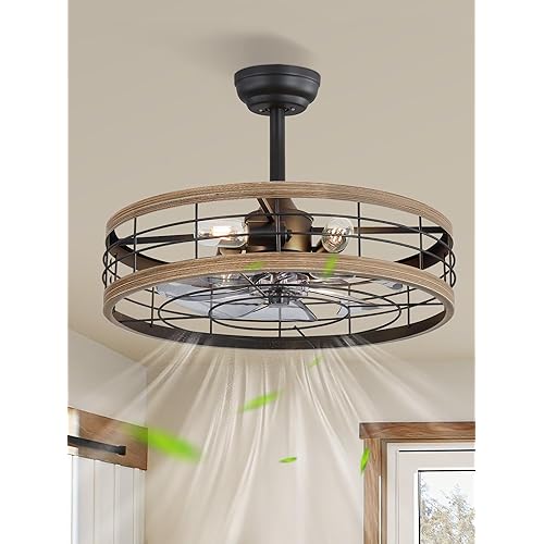 LEDIARY 22 inch Caged Ceiling Fan with Light, Fandelier Industrial Ceiling Fan with Remote, Farmhouse Fan Lights Ceiling Fixtures for Kitchen, Bedroom, Outdoor（6 Speed, Timing）-Brown