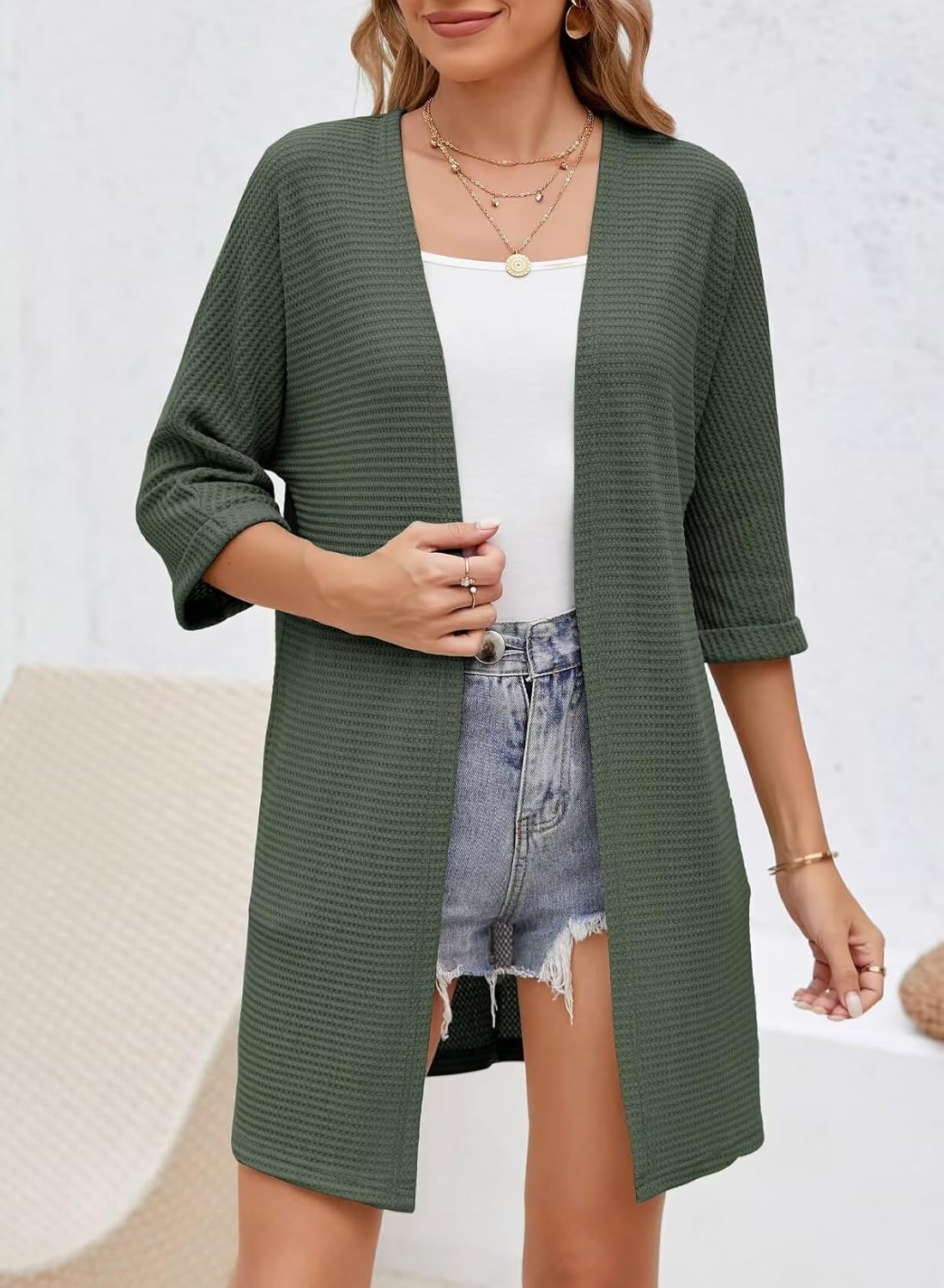 SHEWIN Women's Cardigans Casual 3/4 Short Sleeve Open Front Waffle Knit Lightweight Kimonos Cardigan Sweaters for Women - Image 8