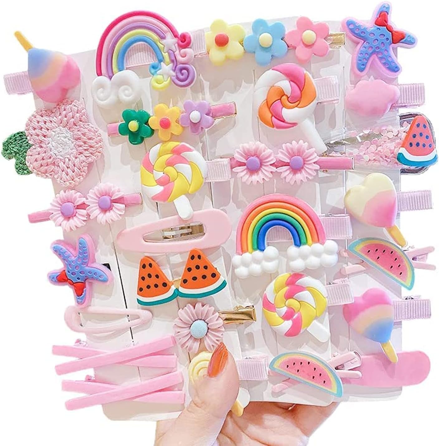 HEXXEE Amzboen 28 Pcs Baby Hair Clip, Barrettes for Girls, Toddler Girls Hair Accessories, Kids Hair Clips for Styling, Flower Rainbow Candy Fruits Butterfly Cute Hair Clips for Woman
