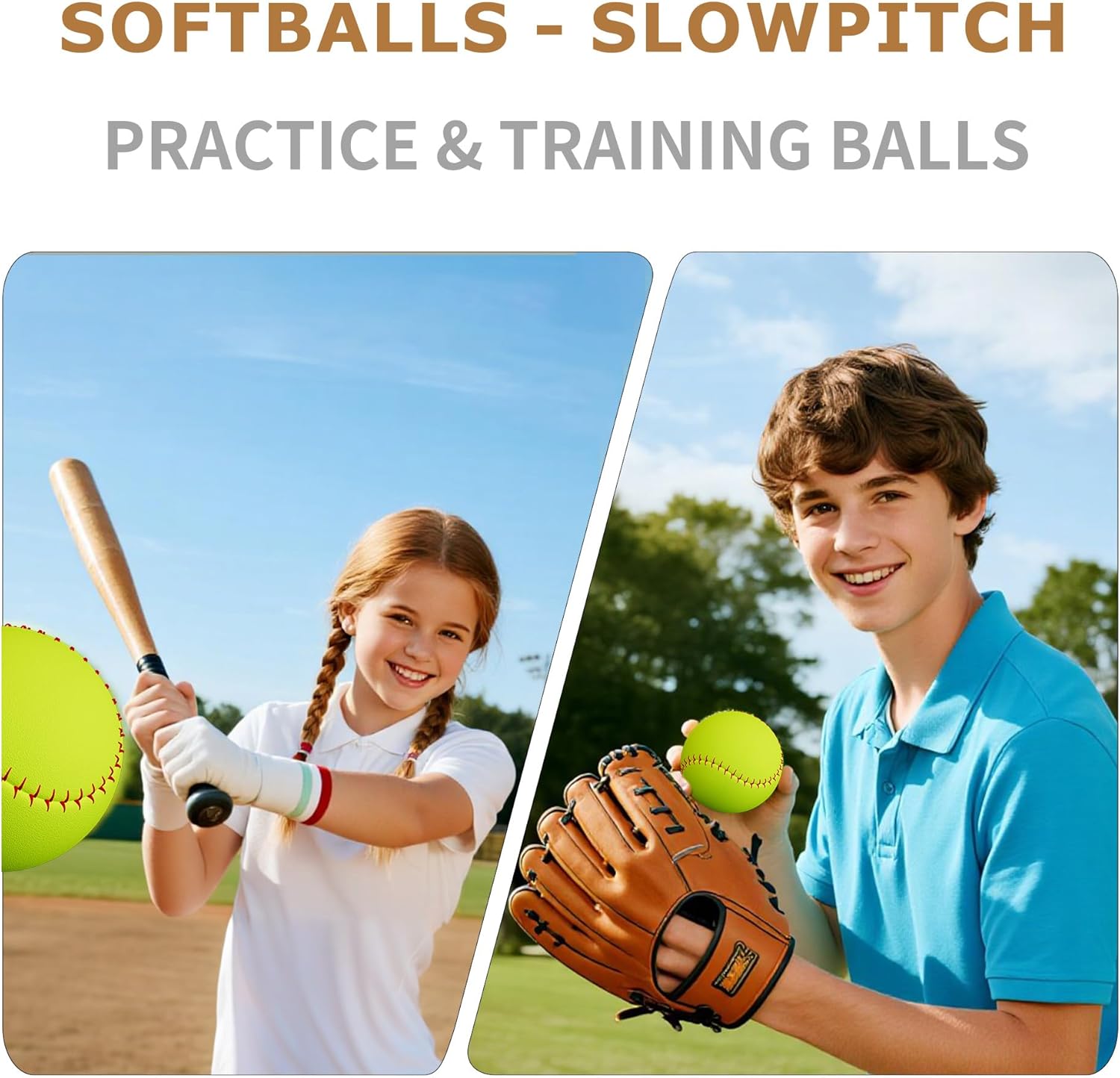 filori 12 - Inch Slow - Pitch Softballs | Official Size & Weight | Leather Cover | Solid Cork Core | Unmarked Training Balls for Practice, Games & Drills - Optic Yellow with Red Stitching