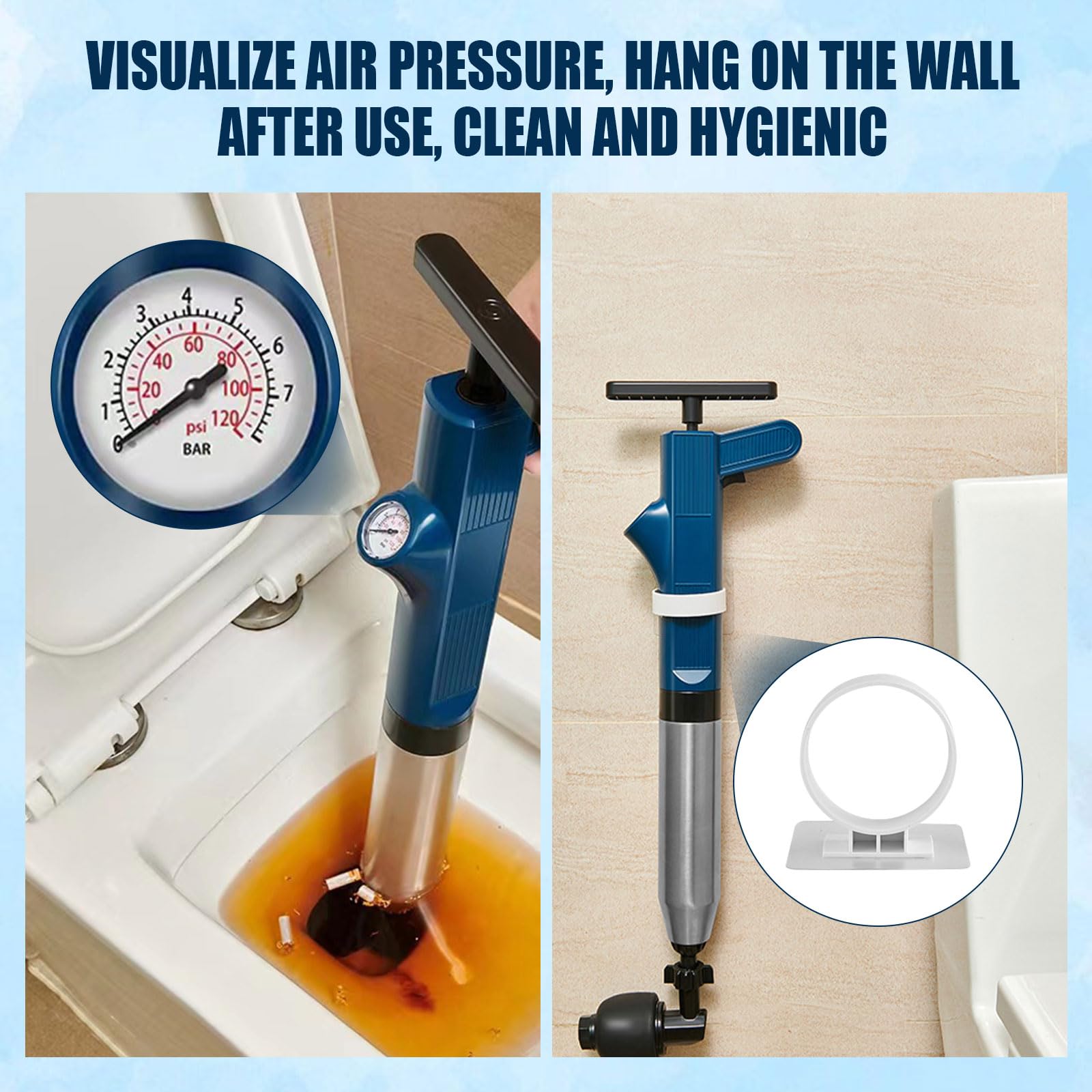 Hochdruck-WC-Saugglocke Mit 360° Schlauch & Manometer | Für Toilette, Waschbecken, Dusche