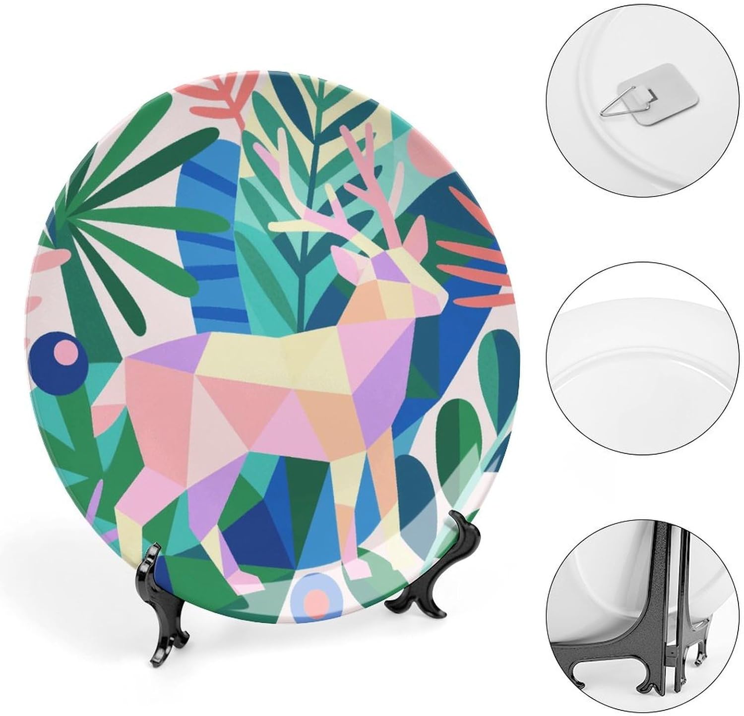 Geometric Animal Texture Decorative Plates Bone China Plates with Stand for Display 8inch Round Ceramic Dinner Plates Dessert Plate for Kitchen Party Coffee Table Decor Art