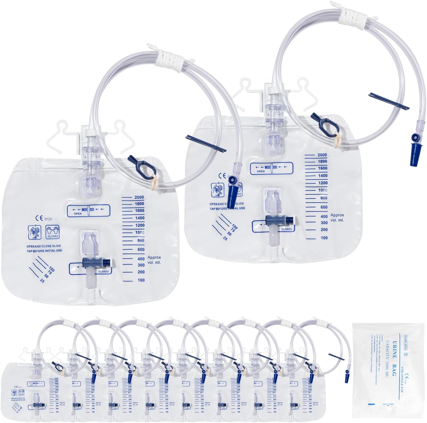 Urine Drainage System Urine Bag 2000 ml with Anti-Reflux Valve and T-Drain Urine Drainage Bag with 120 cm Tube Pack of 10