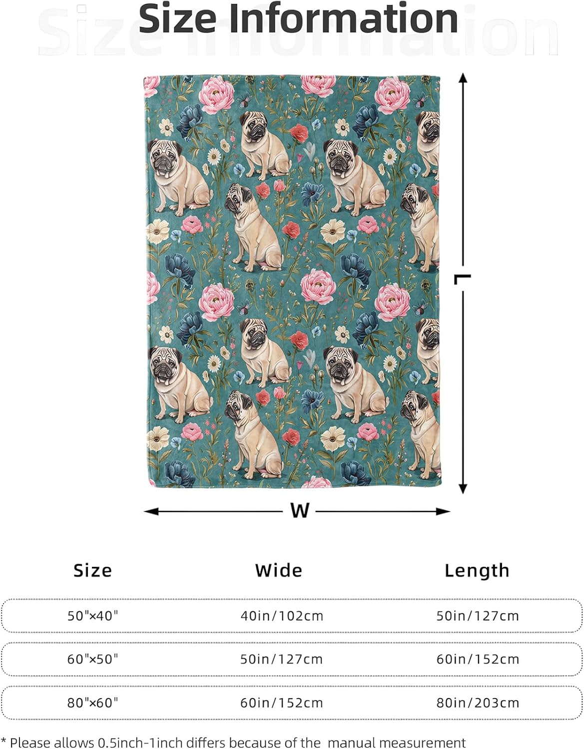 Pug Floral Blanket 50X60 in, Flannel Throw Blankets for Travel Camping Sofa Living Room Decor, Lightweight Cozy Soft Fuzzy Gifts for Women Adults Kids - Image 3