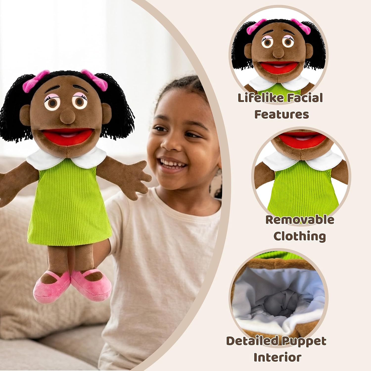 African American Girl Hand Puppet Black Plush People Puppets Movable Mouth 16in Vivid 3D Stuffed Character Doll Children Daughter Sister Kindergarten Interactive Teaching Ventriloquist Prop