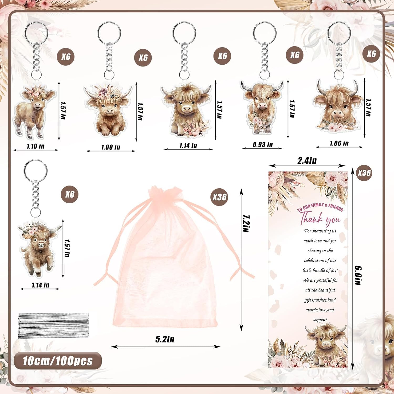 YLOLUL 36 Sets Highland Cow Baby Shower Gifts for Guest Boho Baby Shower Party Favors Retractable Ballpoint Pens Keychains Favors and Greeting Cards Bulk Gender Reveal Souvenirs Prize Game Supplies image 2