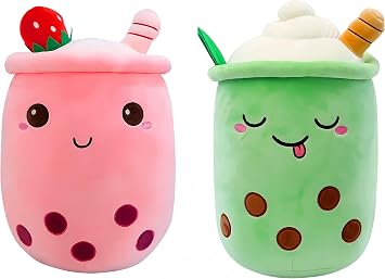 2Pcs Boba Plush, Pink Strawberry Bubble Tea Cute Plushies, Kawaii Green Pearl Milk Tea Stuffed Pillows Pink & Green