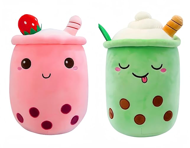 2 Pack Bubble Tea Plush Cute Stuffed Animal Stuffy Milk Cup Plushie Pillow, Soft Kawaii Ice Cream Cupcake Toys Gifts for Kids (Pink & Green)