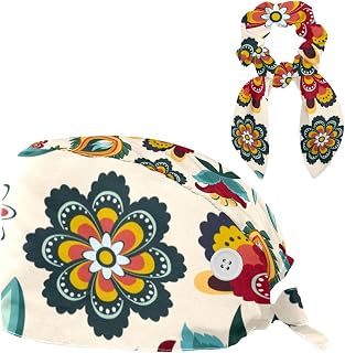 FVQL Surgical Cap for Long Hair Scrub Cap with Hairband Bouffant Caps, Floral Pattern Leaf Flower