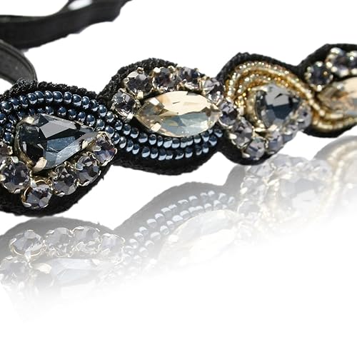 Miniatura 5 de Diadema de diamantes de imitación de lágrima de zafiro azul con detalles dorados y correa elástica ajustable