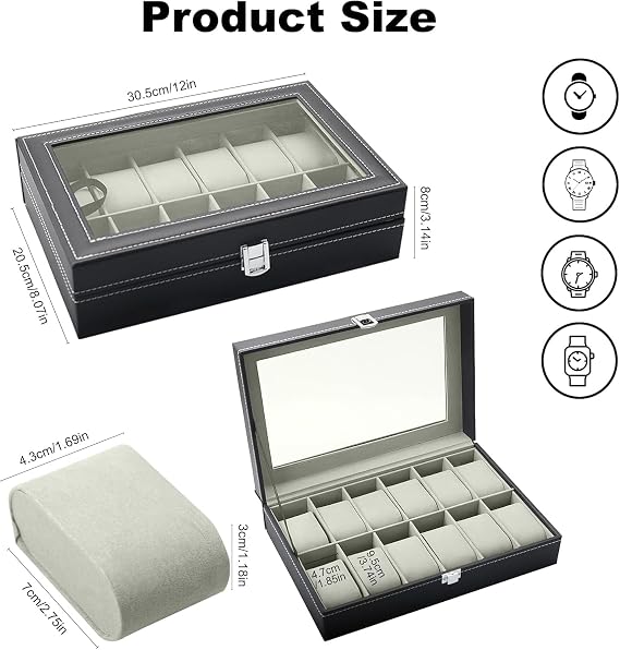 Watch Box Organizer 12 Slots Upgraded PU Leather Watch Case with Glass Lid, Watch Display Box with Removable Cushions, Watch Storage Holder and Jewelry Organizer, Gift for Men and Women