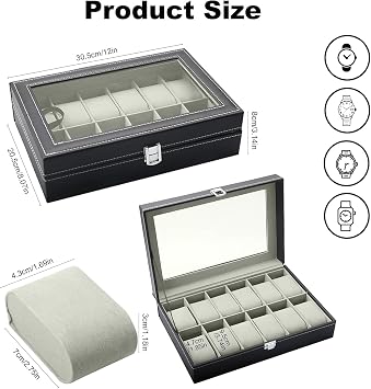 Watch Box Organizer 12 Slots Upgraded PU Leather Watch Case with Glass Lid, Watch Display Box with Removable Cushions, Watch Storage Holder and Jewelry Organizer, Gift for Men and Women