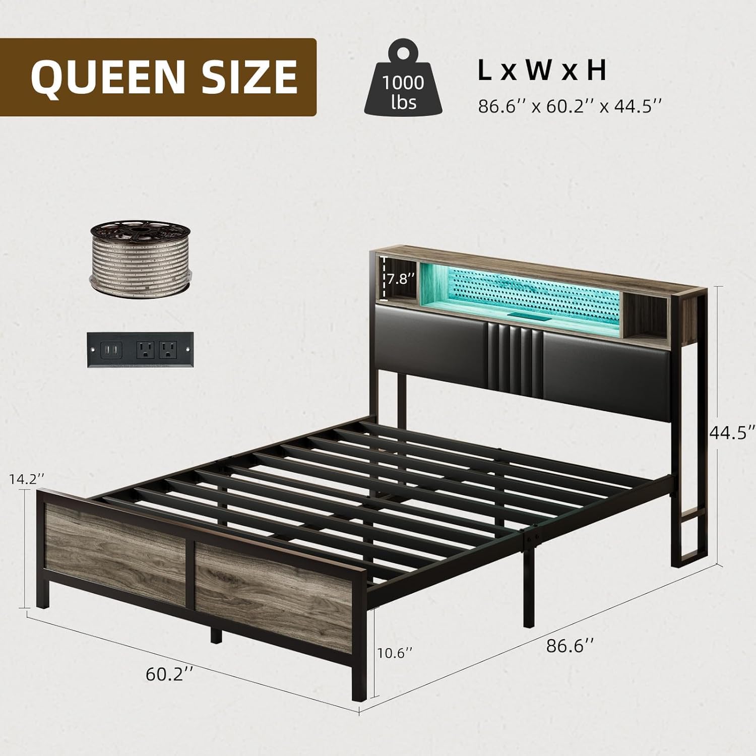 Queen Size Bed Frame with LED Light and Charging Station, Queen Platform Bed Frame with Strong Metal Slat Support, Upholstered Headboard, No Box Spring Needed, Noise-Free, Easy Assembly, Wash Grey