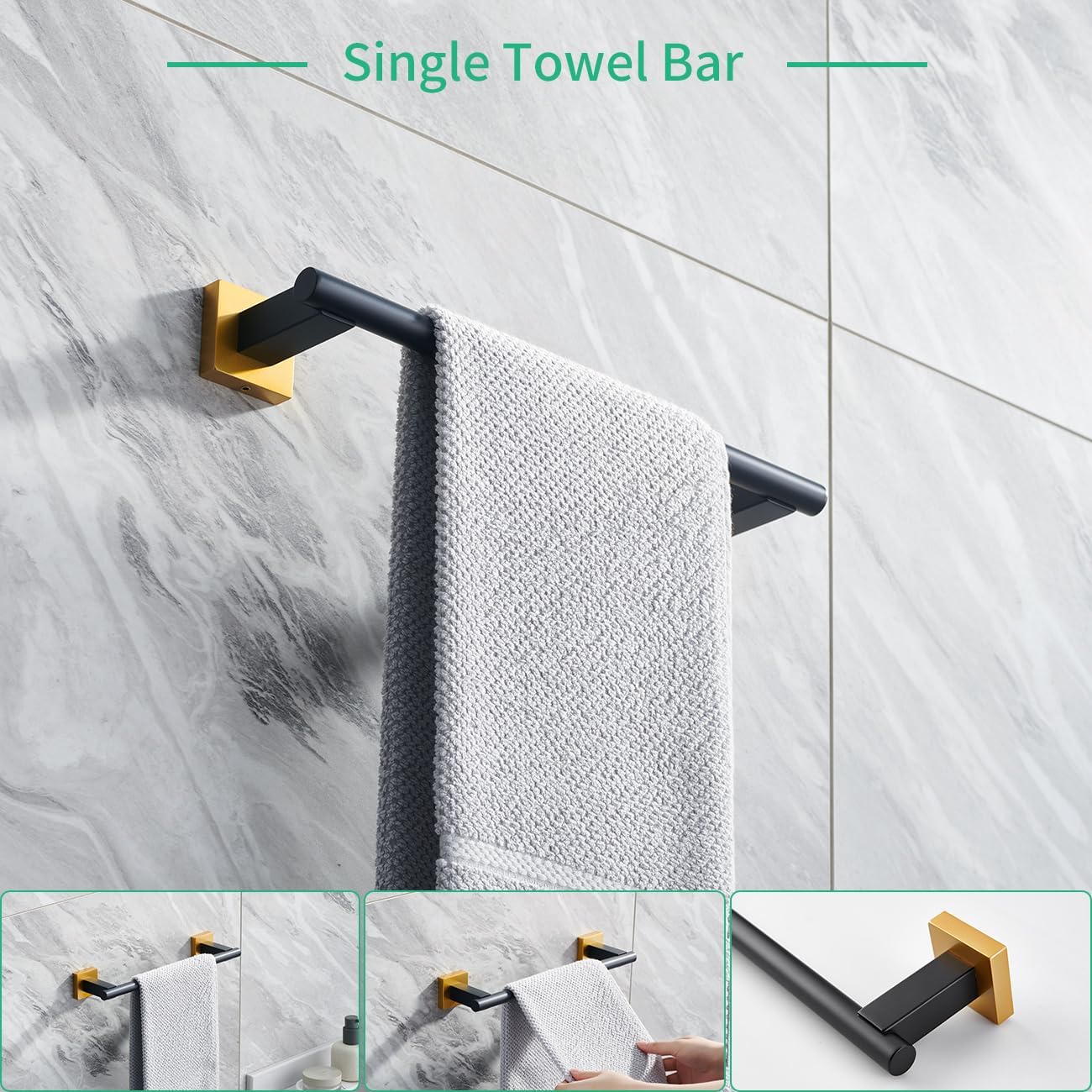 Miyili 4-Piece Bathroom Hardware Kit Set Stainless Steel Wall Mount - Includes Double Towel Bar, Hand Towel Rack, Toilet Paper Holder, Robe Hook, Black & Gold, BS02BG4 - Image 6